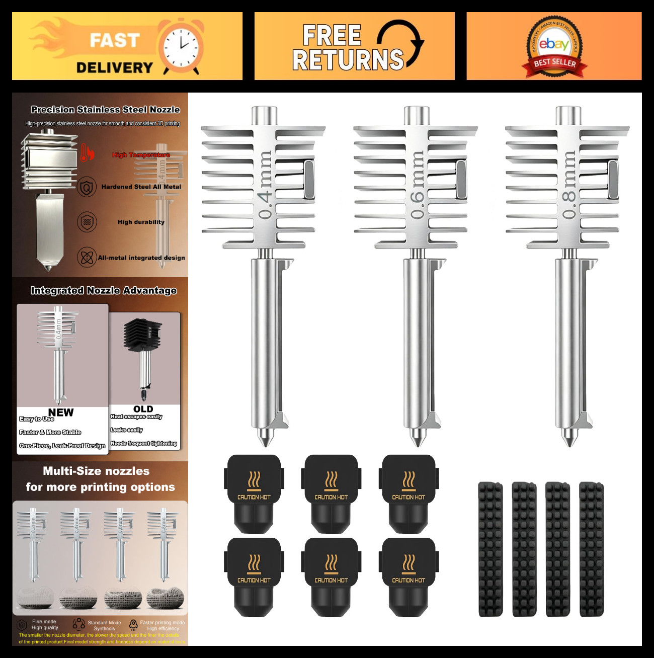 3-Pack Mini Hotend Nozzle Kit 0.4mm/0.6mm/0.8mm with Silicone Covers & Brushes -