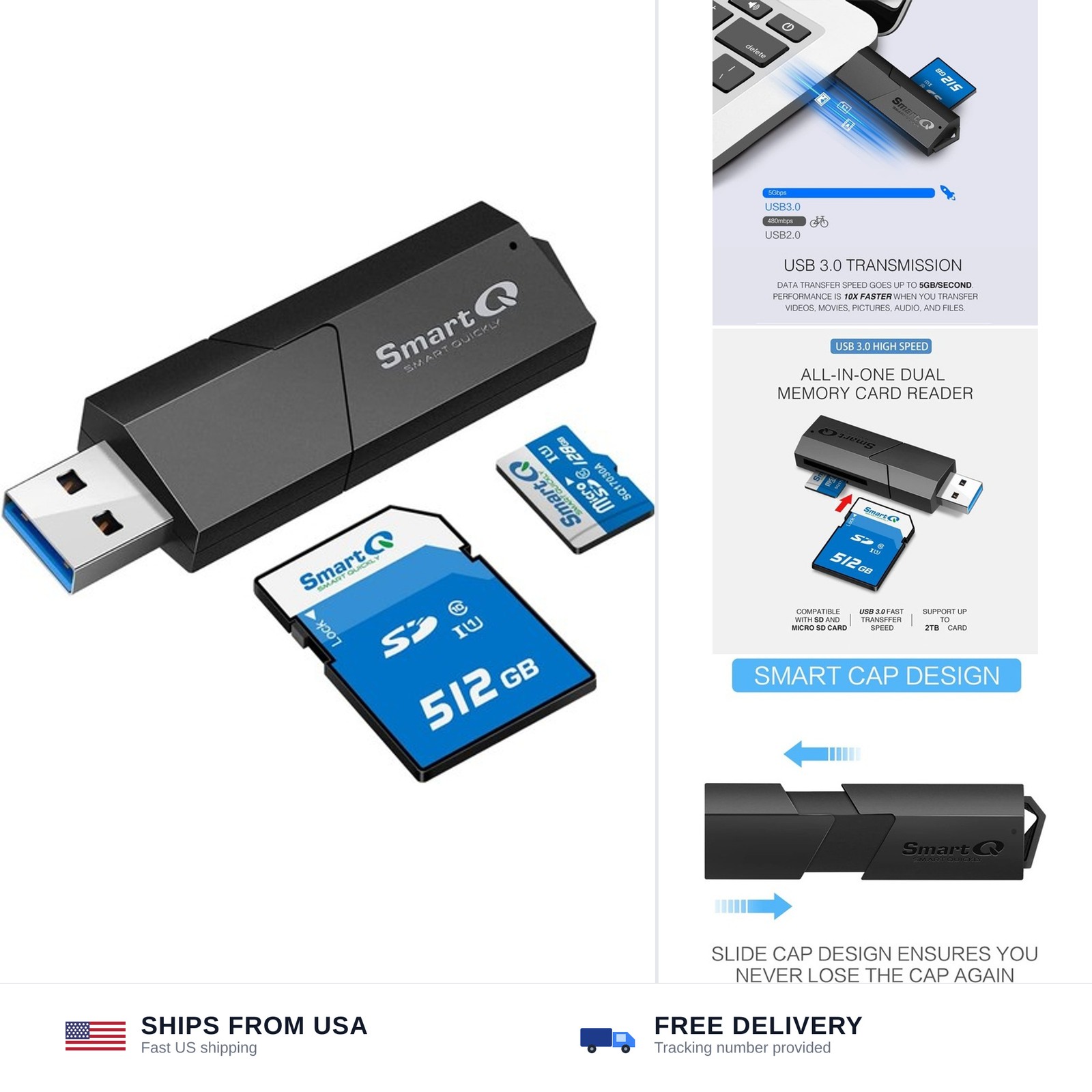 SmartQ USB 3.0 Dual Slot SD Card Reader – Fast SD & Micro SD Memory Card Read...