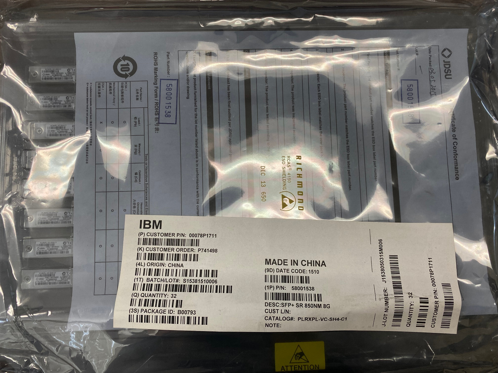 Lot of 32 IBM 90Y9403 78P1711 SFP+SR 850NM 8GB FIBRE OPTICAL TRANSCEIVER new