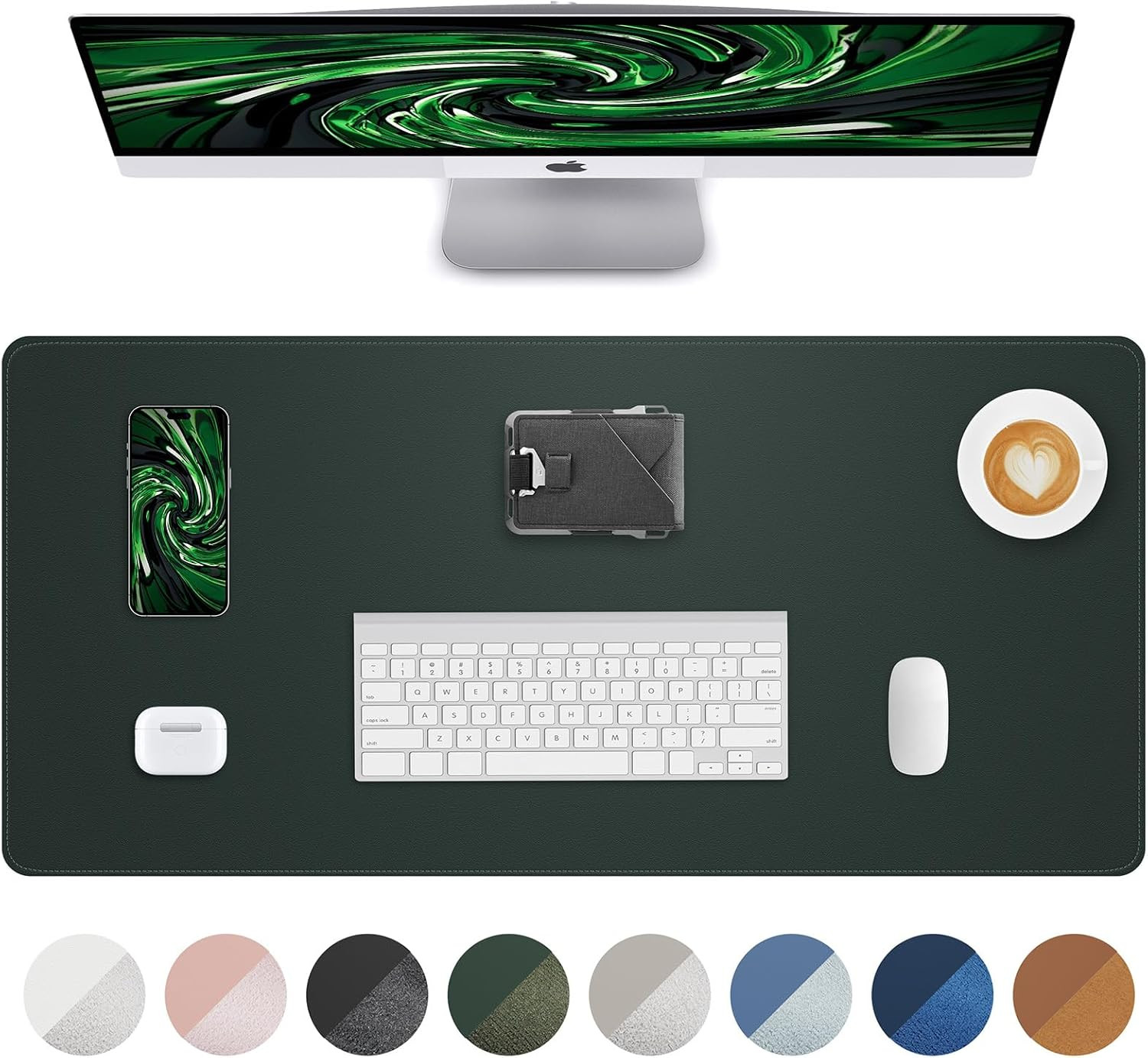 Green PU Leather Desk Pad Protector Waterproof Non Slip Office Mouse Mat 31.5x15