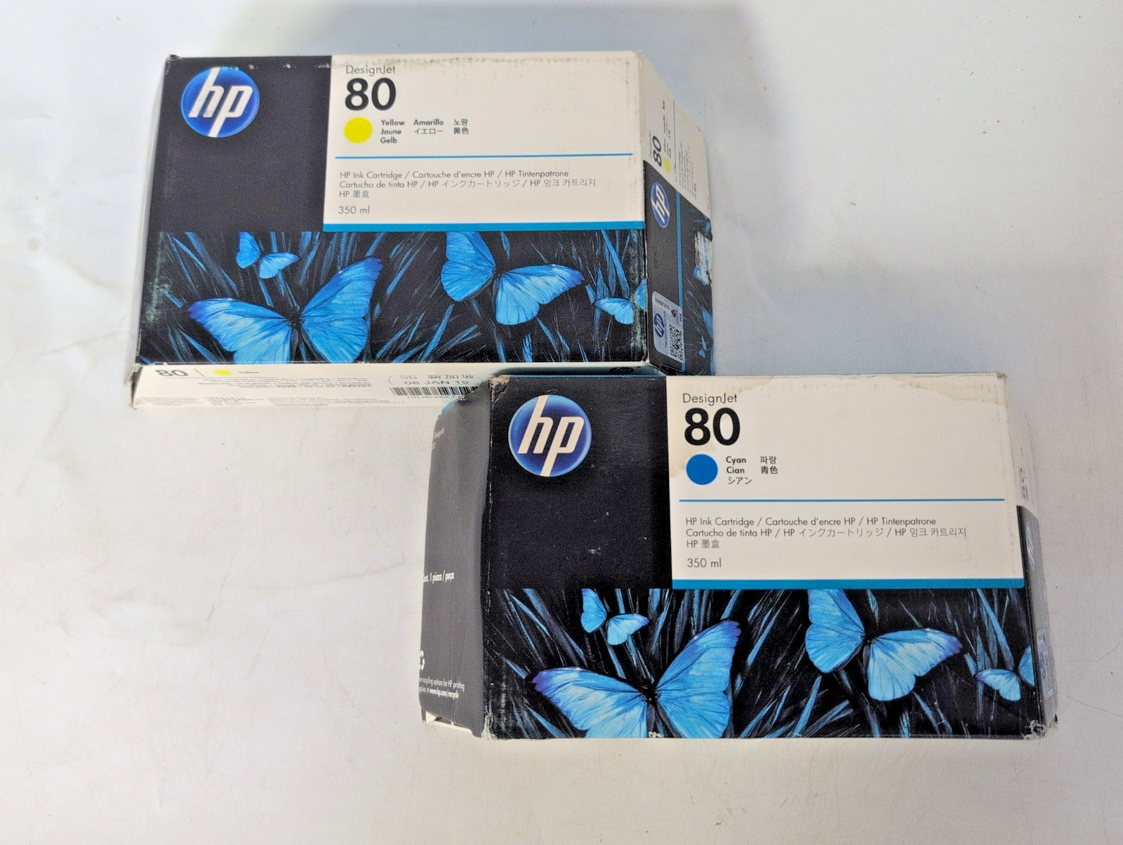 LOT OF 2 HP DESIGNJET 80 350ml, YELLLOW EXP. 2019- CYAN EXP. 2018