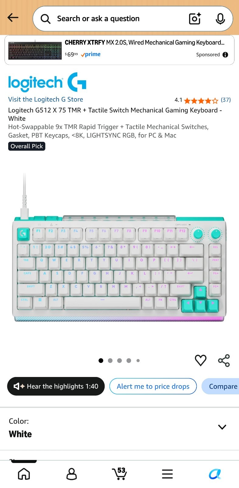 Logitech G512 X 75 Wired Mechanical RGB Illuminated Keyboard QWERTY White/Green