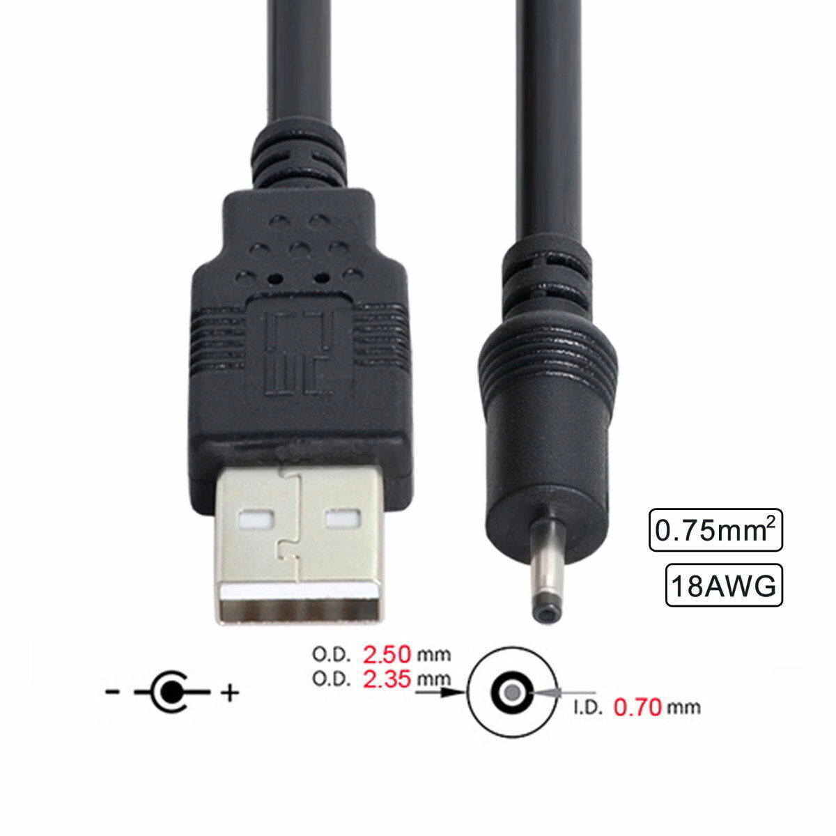 USB 2.0 Type A 0.75mm*2 Male to DC 2.50mm 2.35mm 0.7mm Power Plug 5V Cable 18AWG