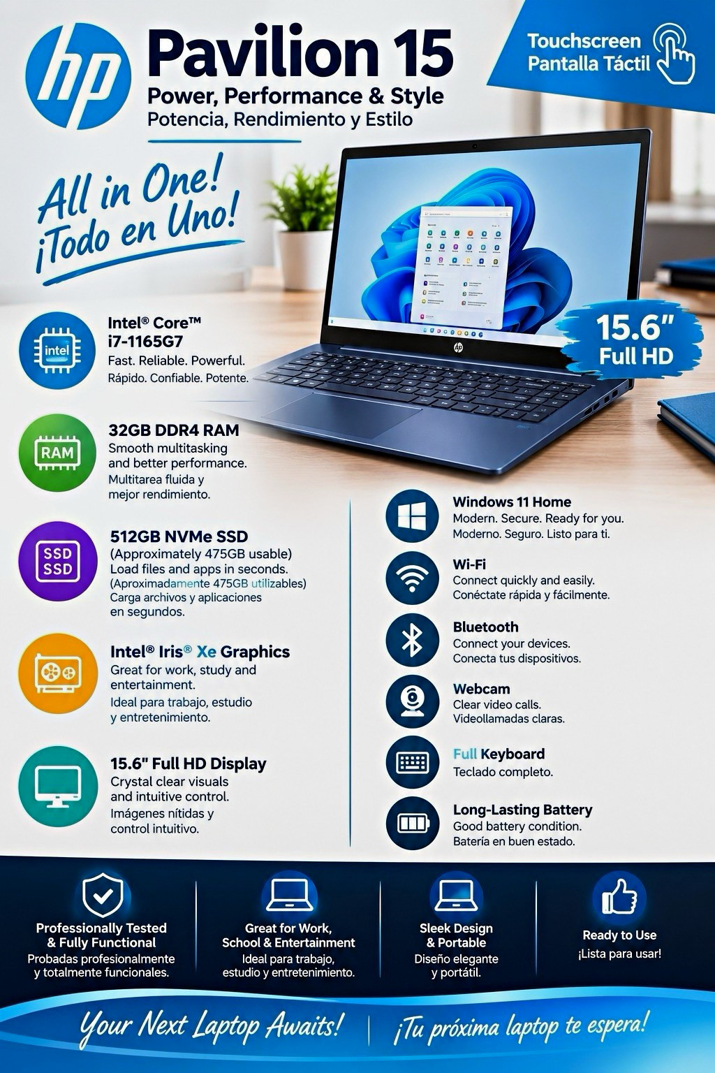 HP Pavilion 15 i7-1165G7 32GB 512GB SSD 15.6" FHD Touch Win11 Blue