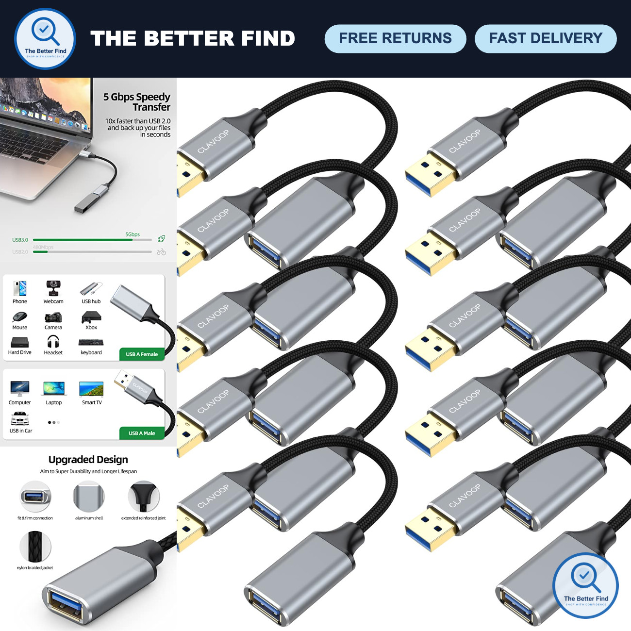 6-Inch USB Extension Cable 10 Pack, USB 3.0 High-Speed Extender Cord for Devices