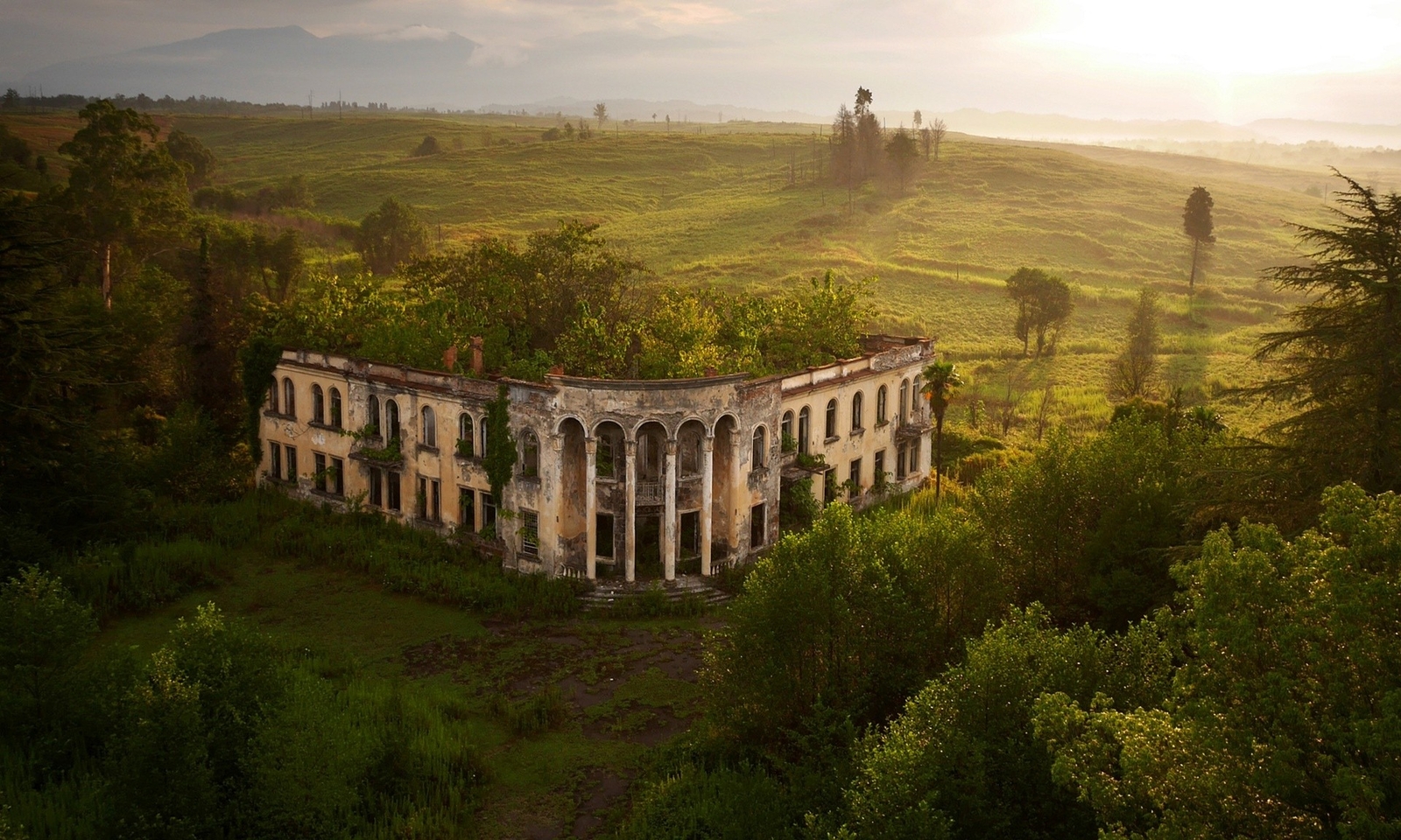 Landscape nature building house ruins hills trees forest Custom Gaming Mat Desk