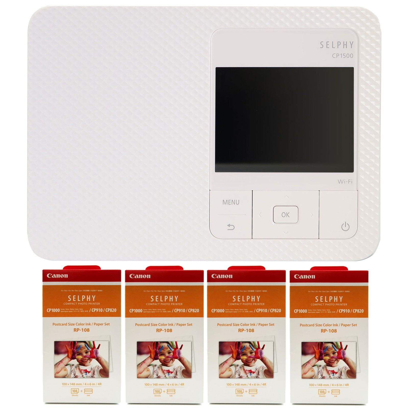 Canon SELPHY CP1500 Compact Photo Printer White + 4x RP-108 Color Ink Paper Set