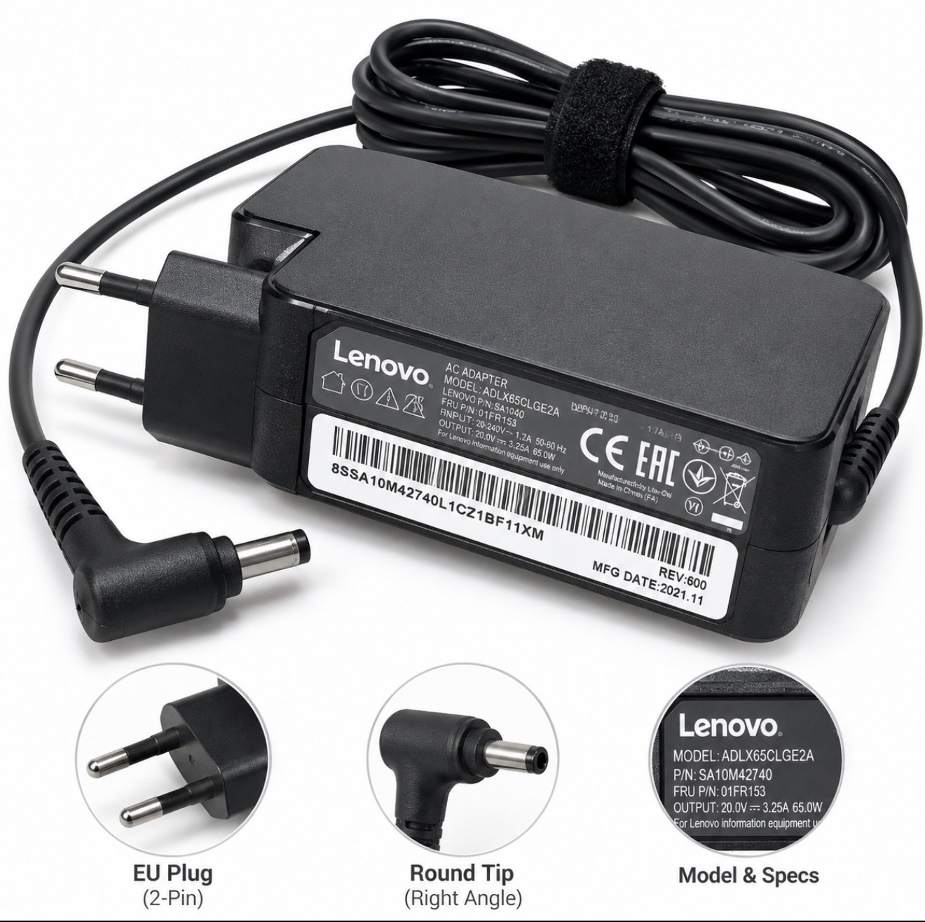 Lot of 5 Lenovo 65W OEM AC Adapters SA10M42740 Round Tip EU Plug