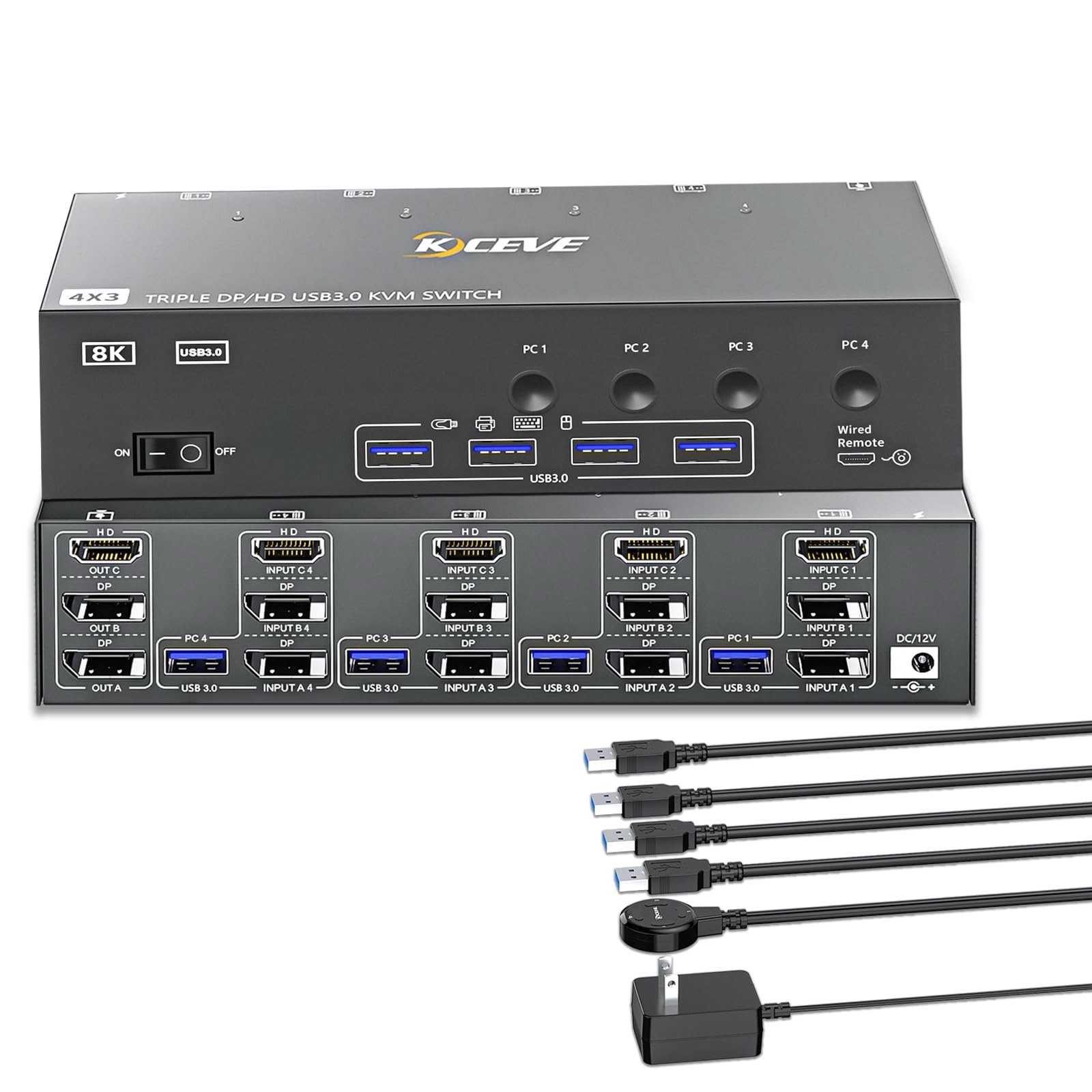 3 Monitor KVM Switch for 4 Computers HDMI DP, 4 USB 3.0 Ports