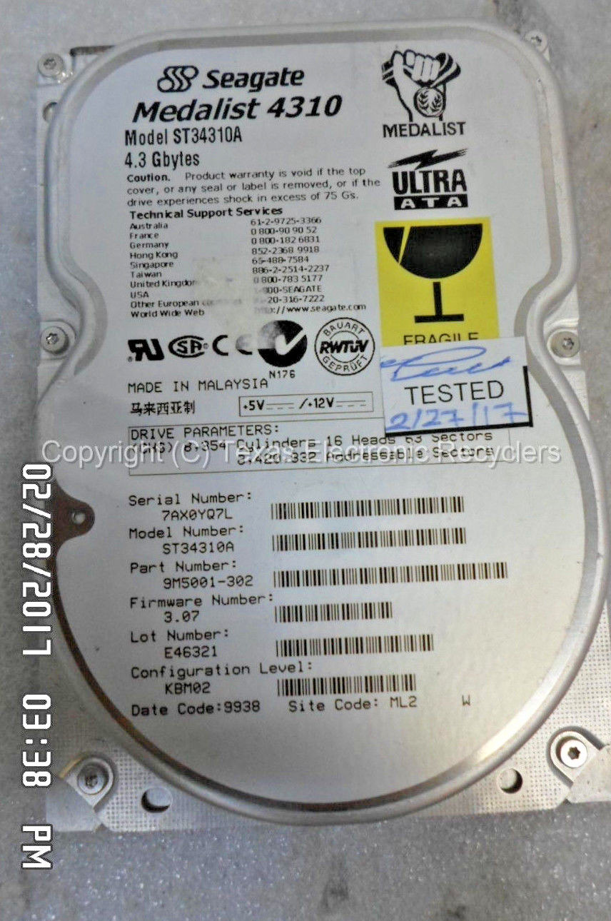 Seagate Medalist 4310 ST34310A 9M5001-302 4.3GB F/W: 3.07 Hard Drive