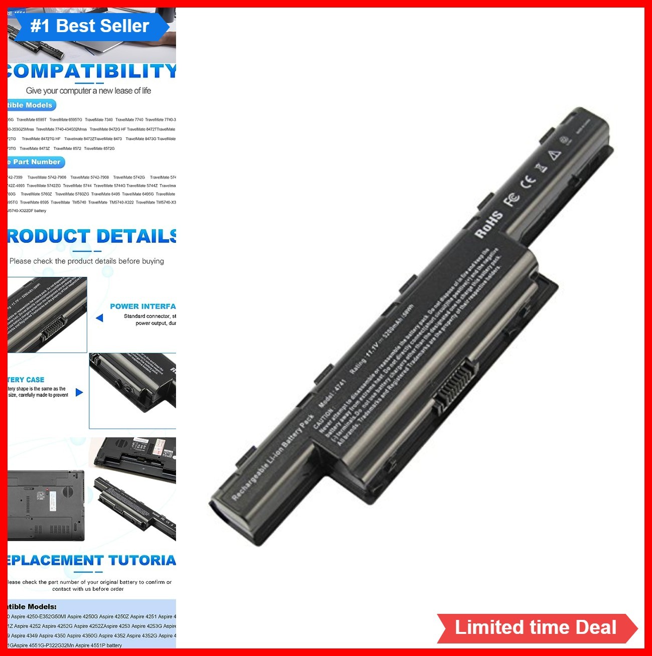 Laptop Battery 11.1V 5200mAh 58Wh 6 Cell Lithium Ion Rechargeable for Aspire