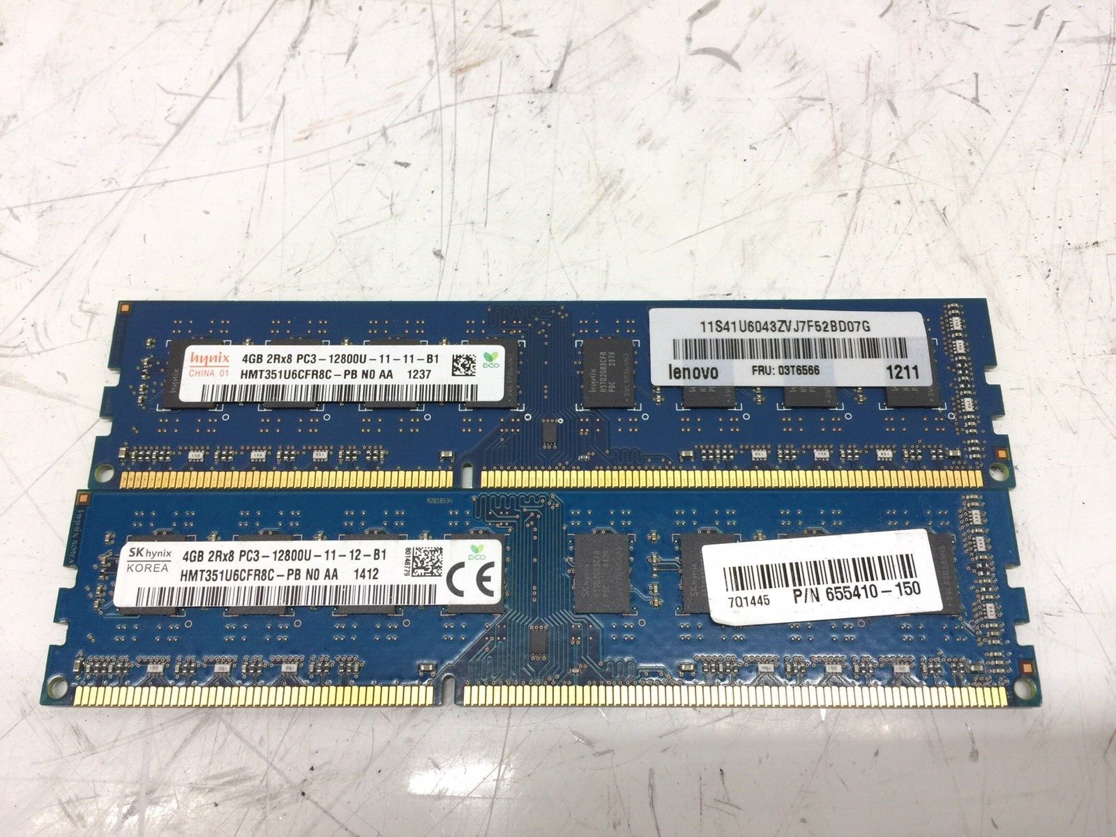 LOT OF 2 SK Hynix 4GB PC3-12800U DDR3-1600 Desktop Memory RAM HMT351U6CFR8C-PB