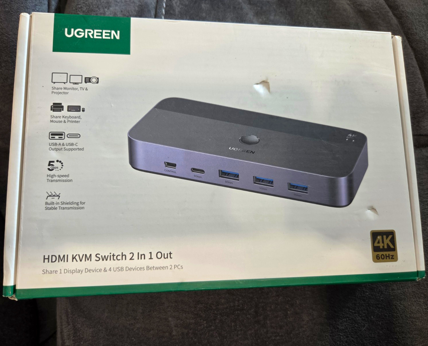 UGREEN HDMI KVM Switch Box 2:1 4K@60Hz Powered USB/USB-C 3ft