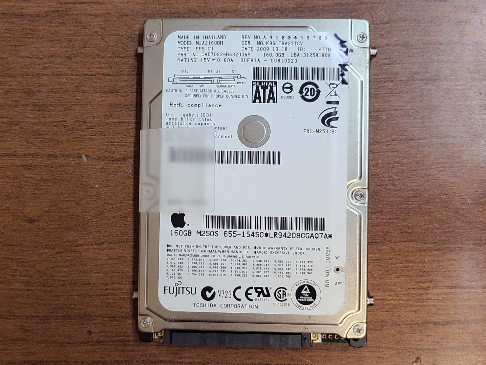 FUJITSU APPLE MJA2160BH 160GB 5400RPM HDD HARD DRIVE CA07083-B63200AP 655-1545C