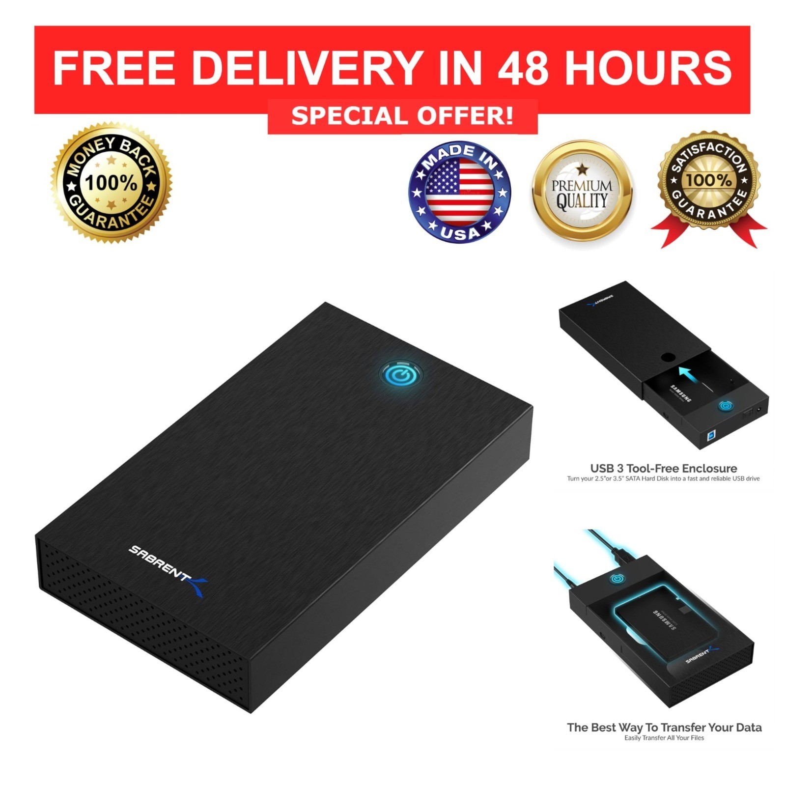 SABRENT USB 3.0 Hard Drive Enclosure 2.5/3.5in SATA HDD SSD Tool-Free Aluminum