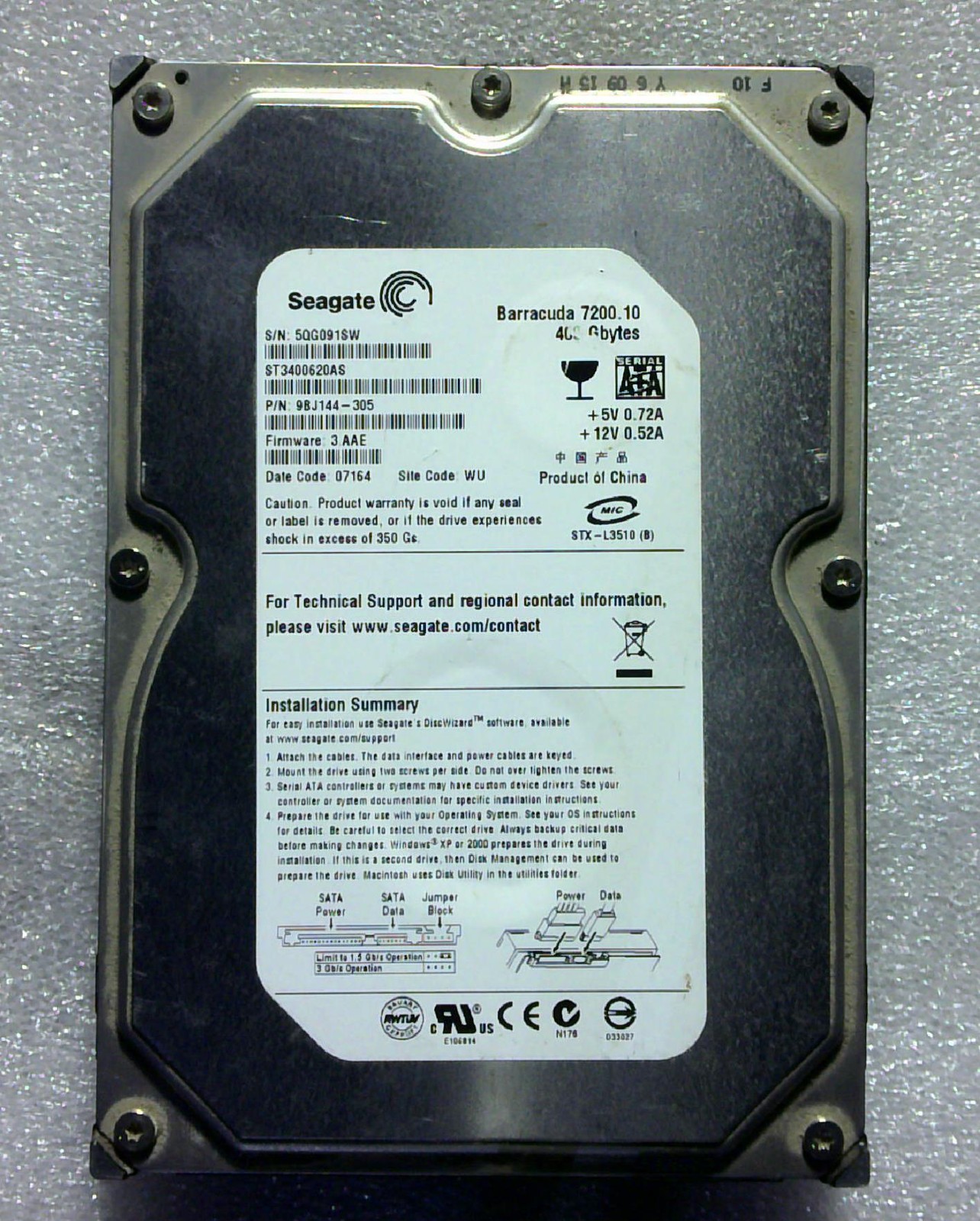 Seagate Barracuda - ST3400620AS - 400GB - 9BJ144-305 - SN: 5QG091SW