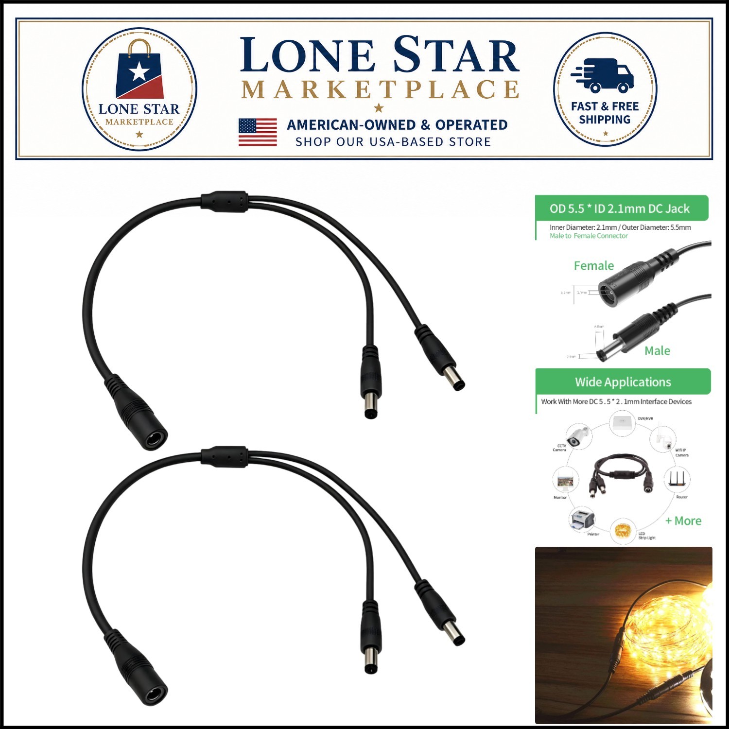 Safe and Efficient DC Power Splitter Cable 12V for Multiple Devices - 2 Pack