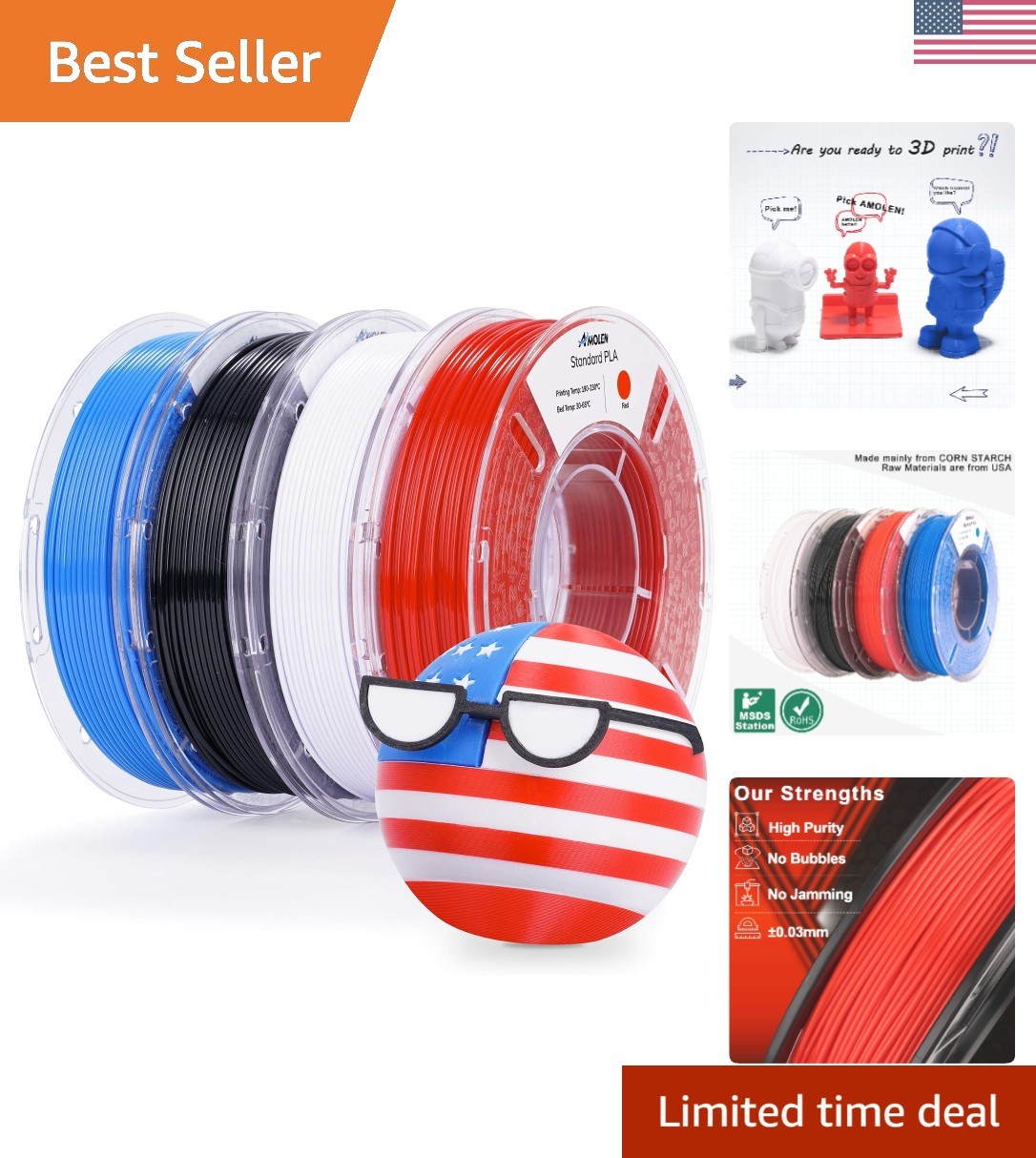 Versatile 4-Color PLA 3D Printing Filament Bundle - 1KG with Vacuum Packaging