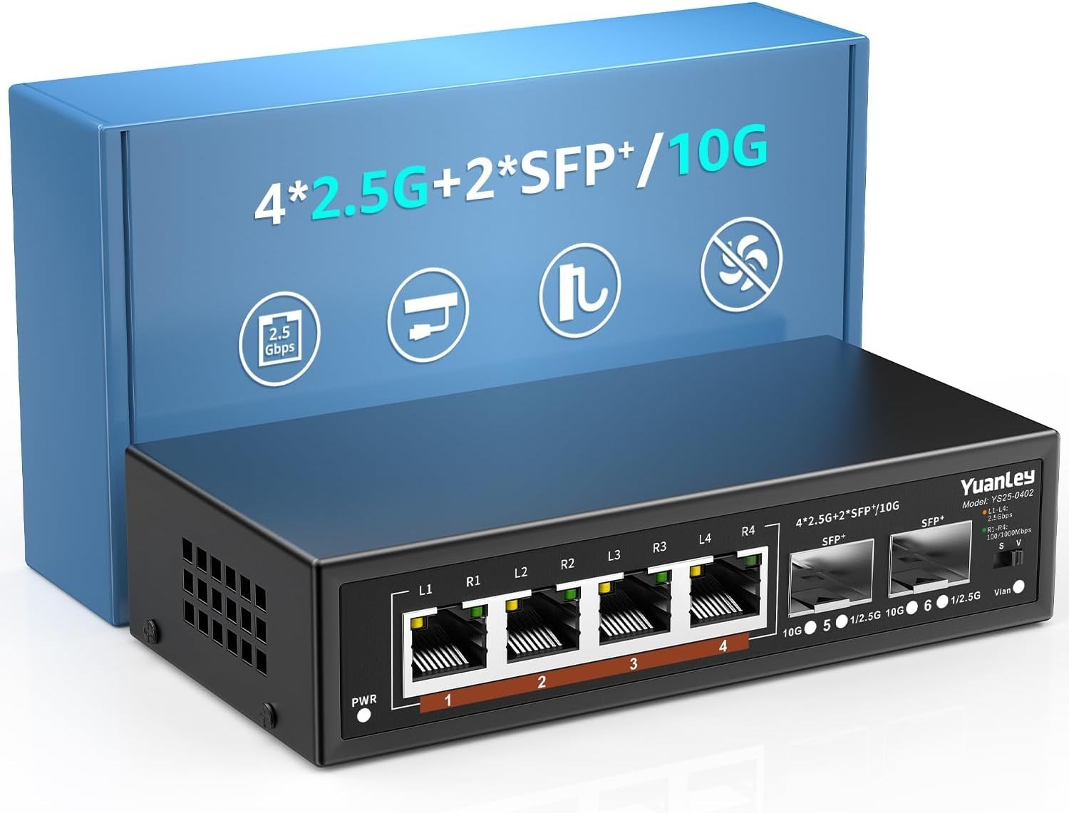 6 Port 2.5G Unmanaged Ethernet Switch 4x 2.5G Base-T 2x 10G SFP Fanless Desktop