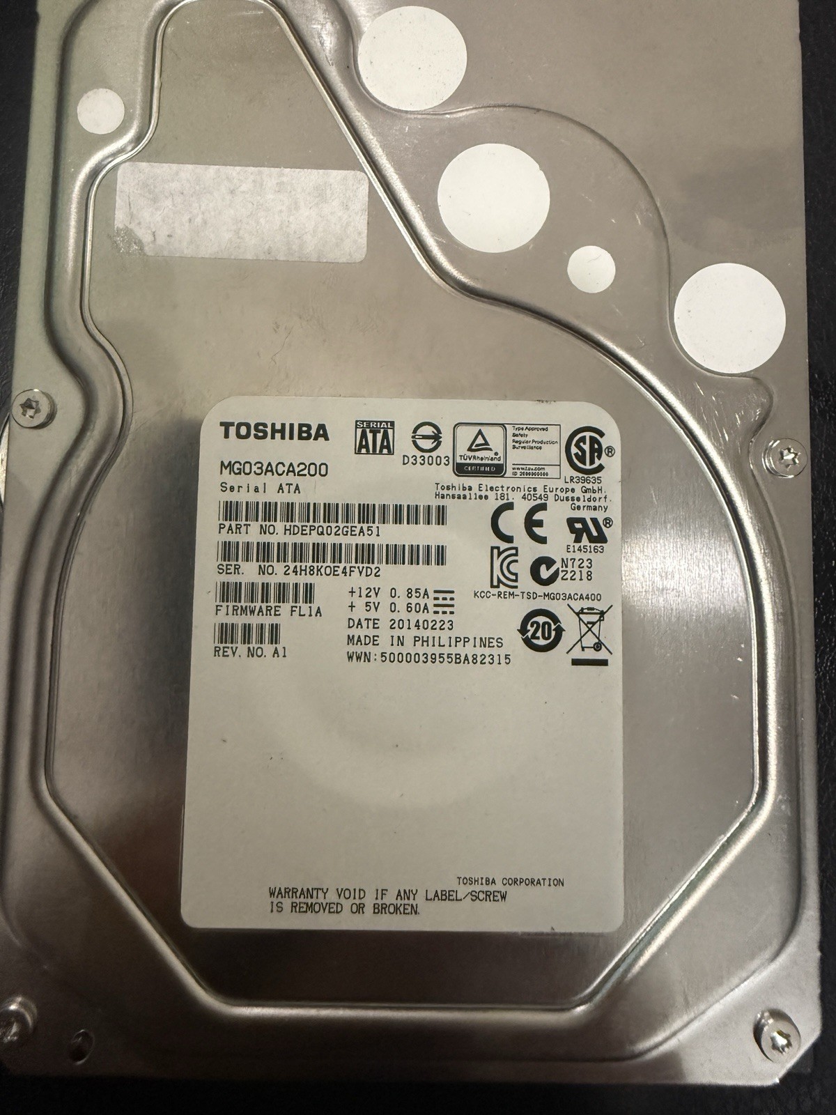 [Excellent condition] Toshiba MG Series MG03ACA200 3.5-inch HDD 2TB (Enterprise