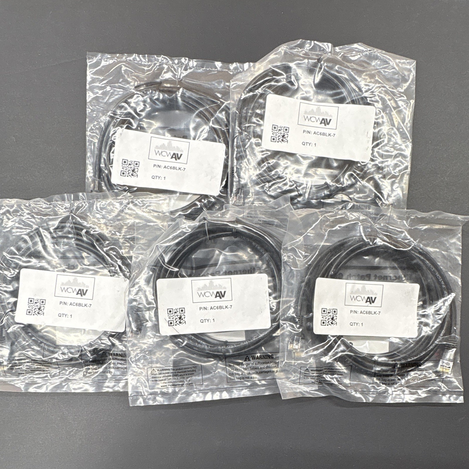 Lot of 5 Wcwav AC6BLK-7 Cat.6 Ethernet Patch Cables 7ft Black New Sealed
