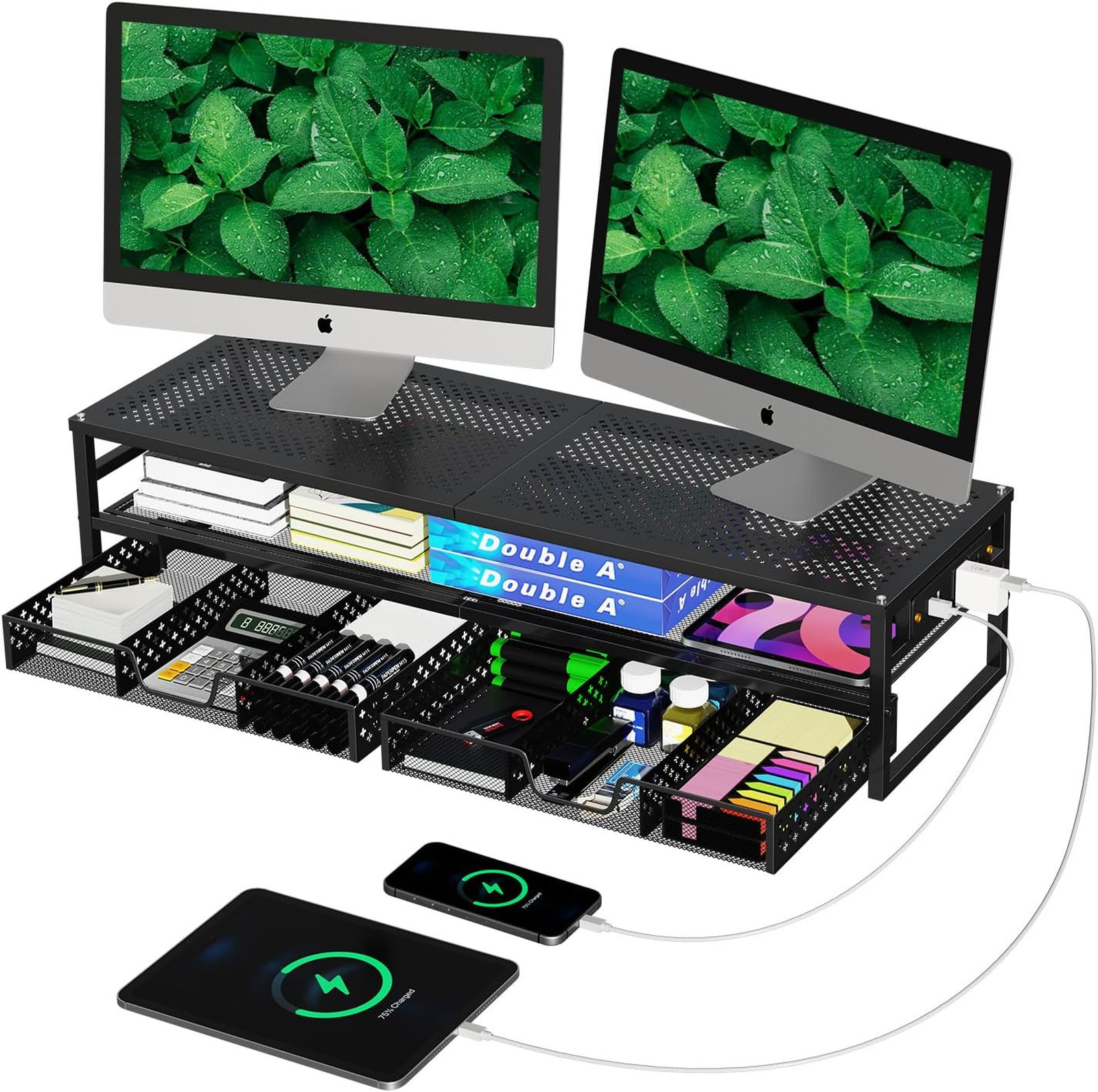2 Tier Metal Monitor Stand Riser with USB 2.0 Charging Port and Drawer Storage