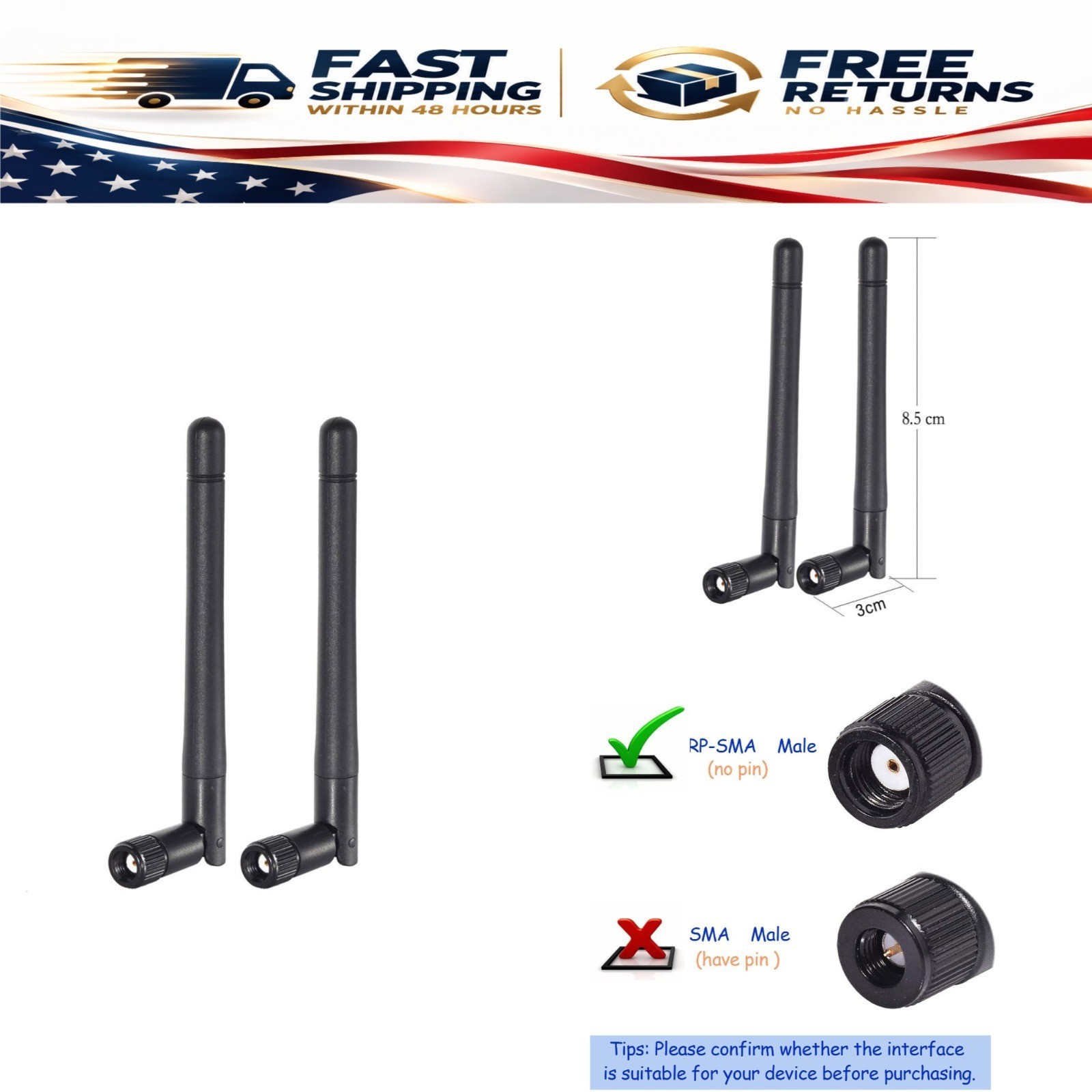 Bingfu Dual Band WiFi Antenna 2.4GHz 5GHz 5.8GHz 3dBi RP-SMA Male MIMO 2-Pack