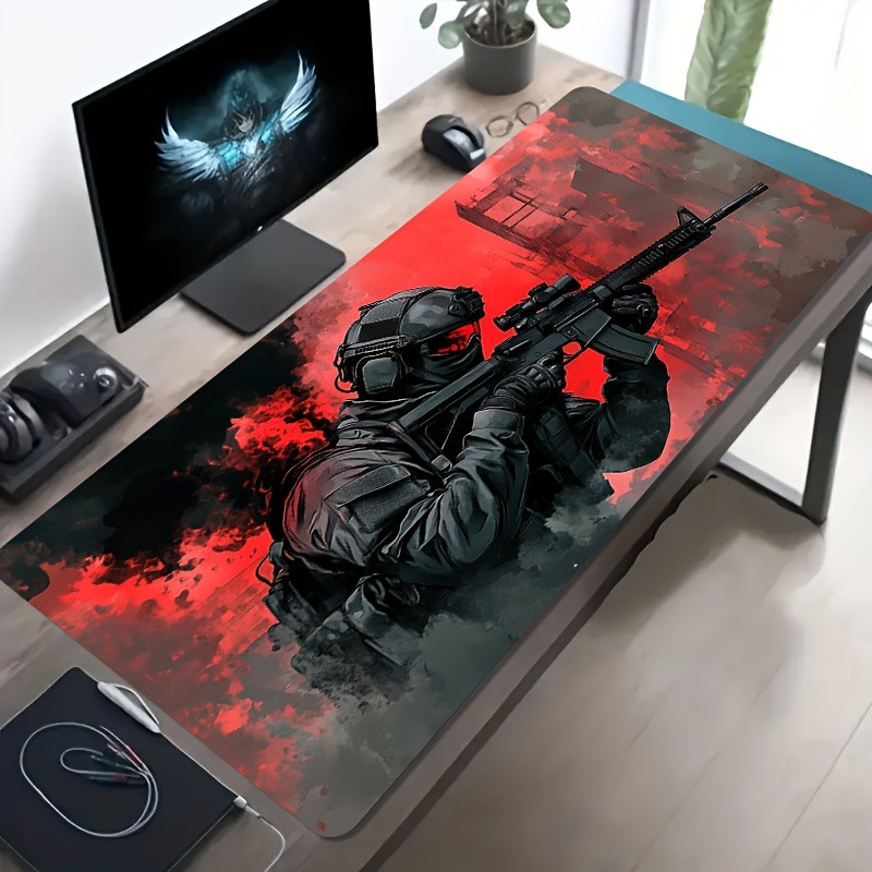 1pc Large-sized Esports Gaming Mouse Pad Featuring a Warrior with a Gun Chargi
