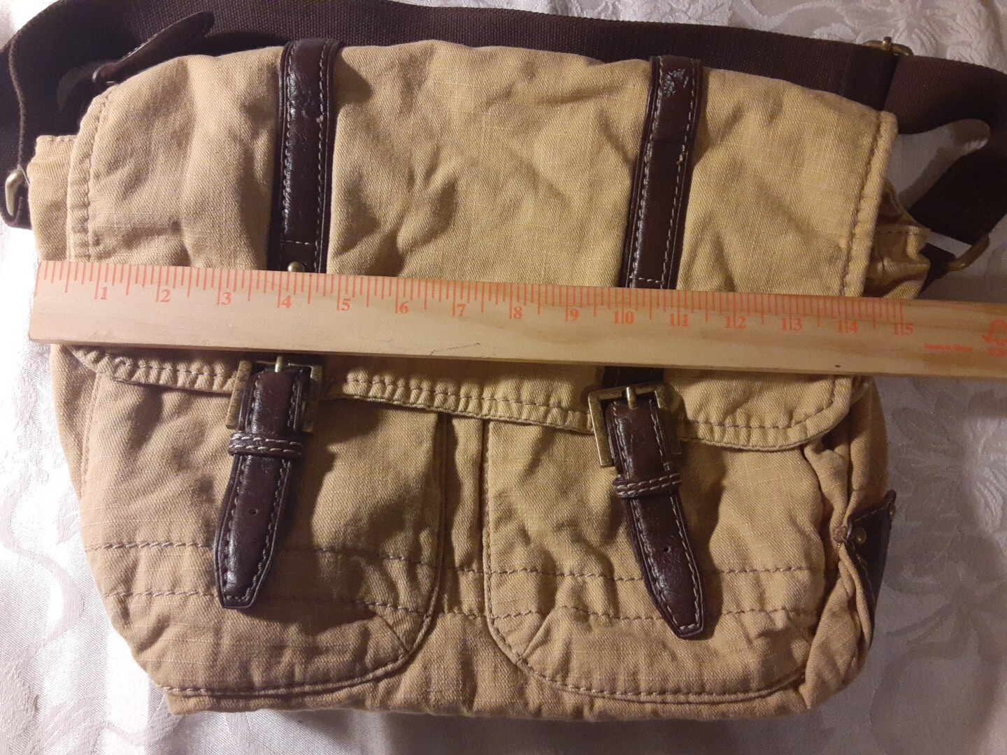 Fossil Tan Canvas Messenger Bag Crossbody Purse With Adjustable Nylon Strap