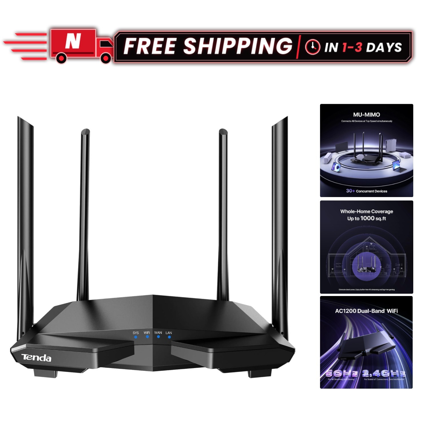 Smart App Controlled AC1200 WiFi Router with Guest Access & Extensive Coverage