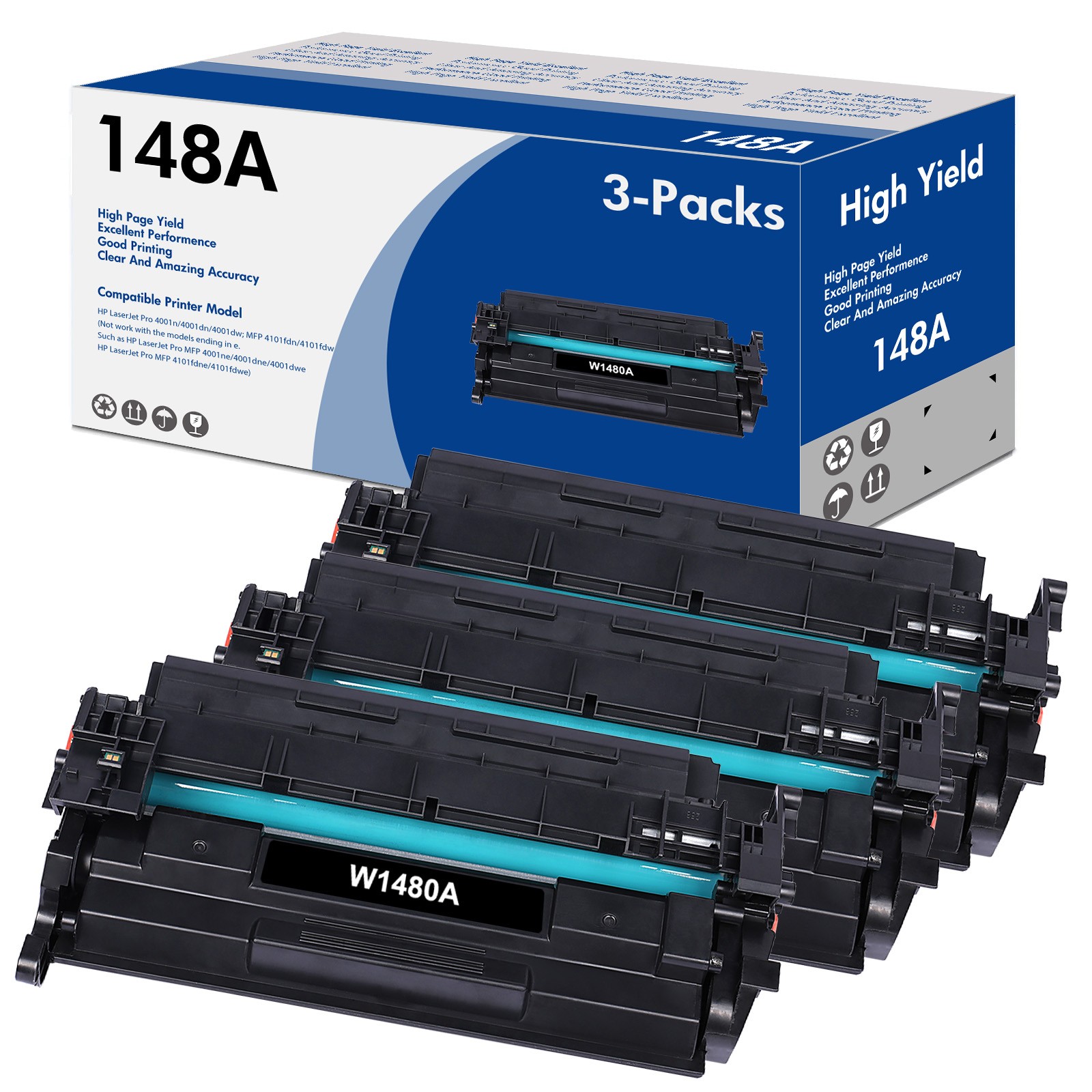 3 PK 148A W1480A With Chip Toner For HP LaserJet Pro 4001n/dn/1dw MFP 4101fdw