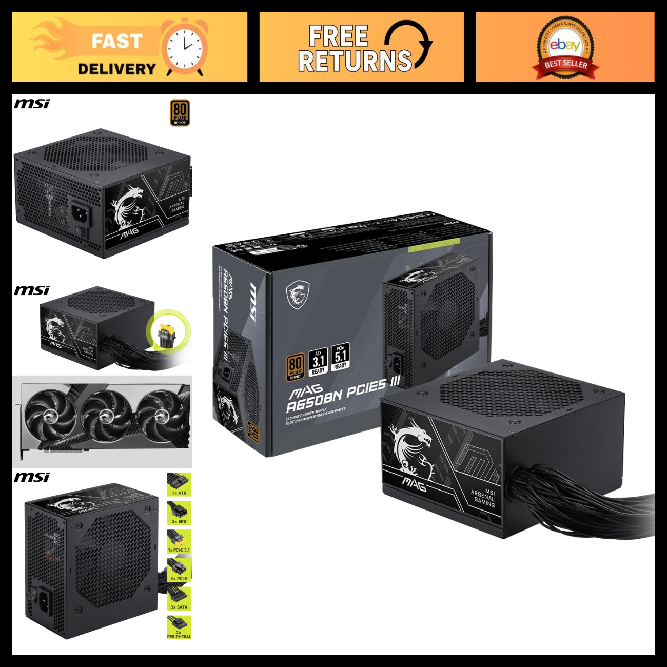 650W Gaming Power Supply, 80+ Bronze, ATX 3.1, PCIe 5.1, Low-Noise, Dual 12V Cab