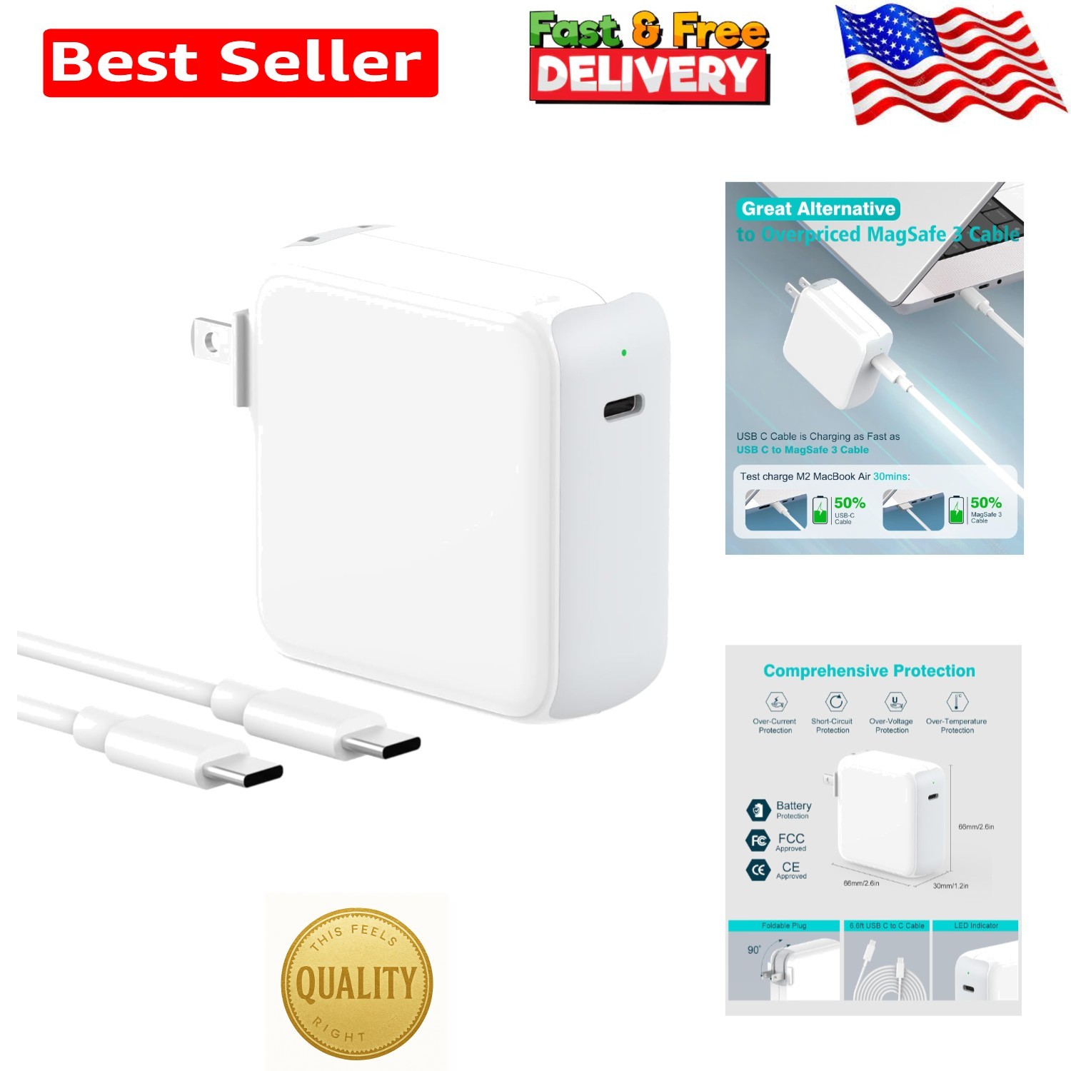 Lightweight 70W USB-C Charger for MacBook Pro & Air with Safe Charging Features