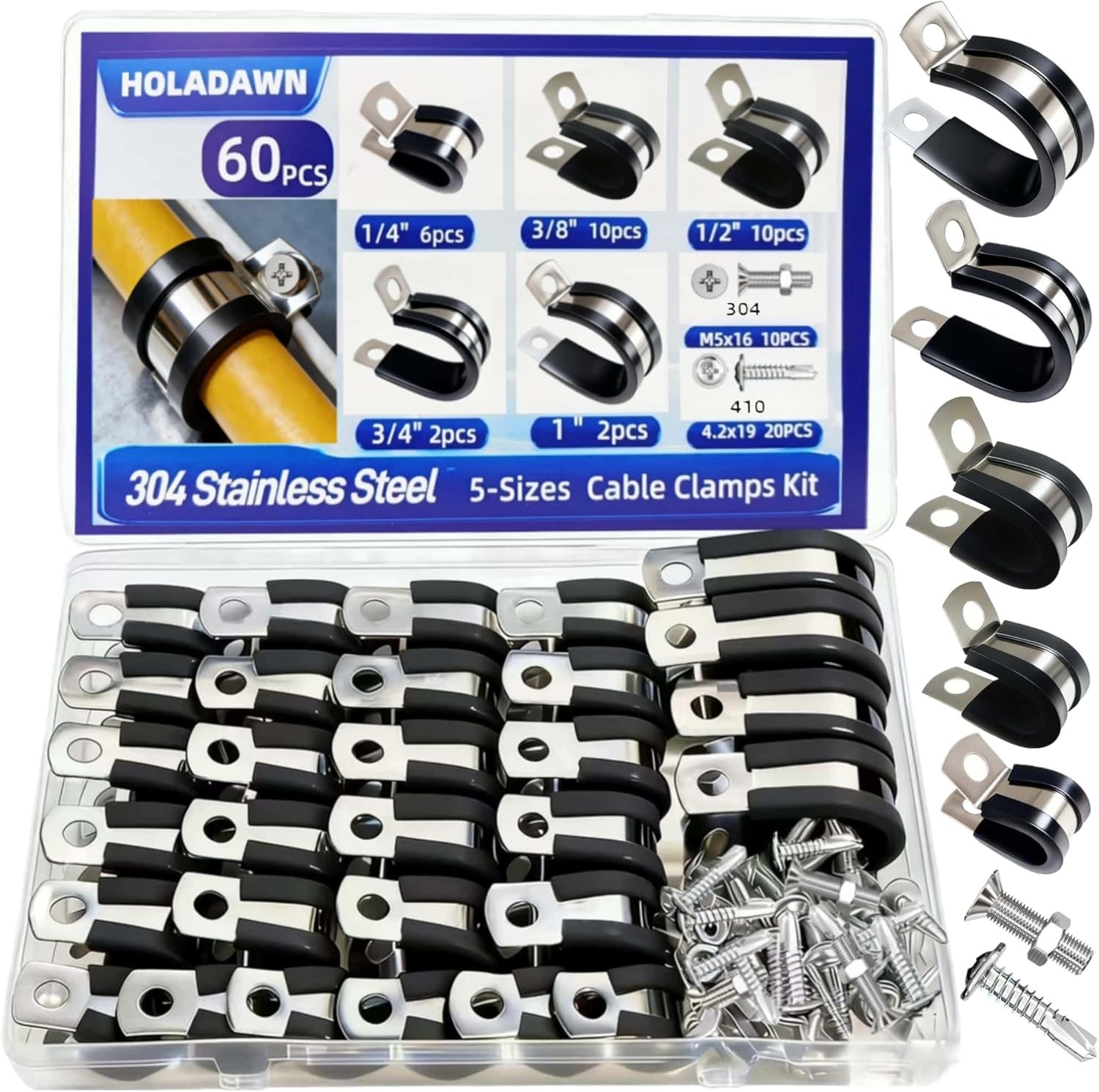 60 Pcs 1/4" Cable Clamps Kit, 304 Stainless Steel with Rubber Cushion