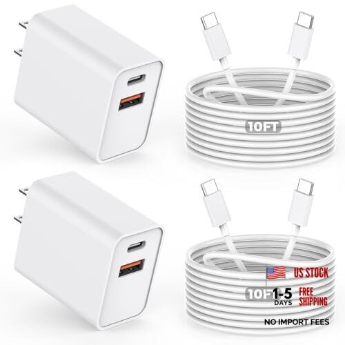10FT iPhone 17/16e Fast Charger,Pack0W Dual Port USB C+A 10FT C-C 2 White/White