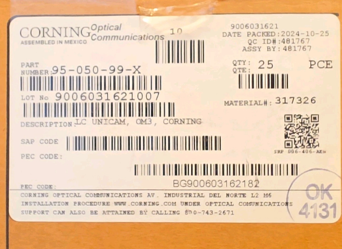 Corning LANscape Pretium LC Unicam OM3 Fiber Connector LC-LC 95-050-99-X.