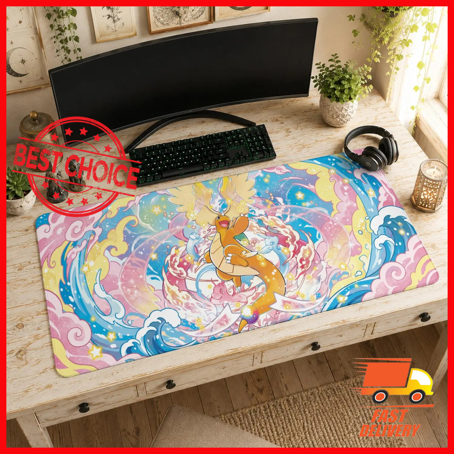 Dragonite Pastel Dream Mouse Pad, Cute Pokemon Gaming Desk Mat TN982PD