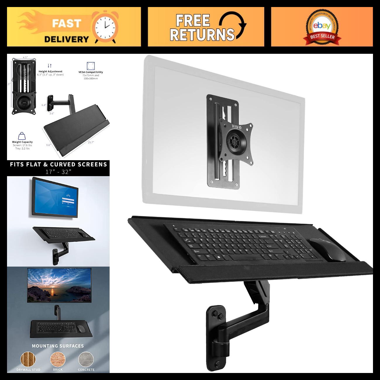 Adjustable Black Single Monitor Wall Mount with Keyboard Tray - Space-Saving Des