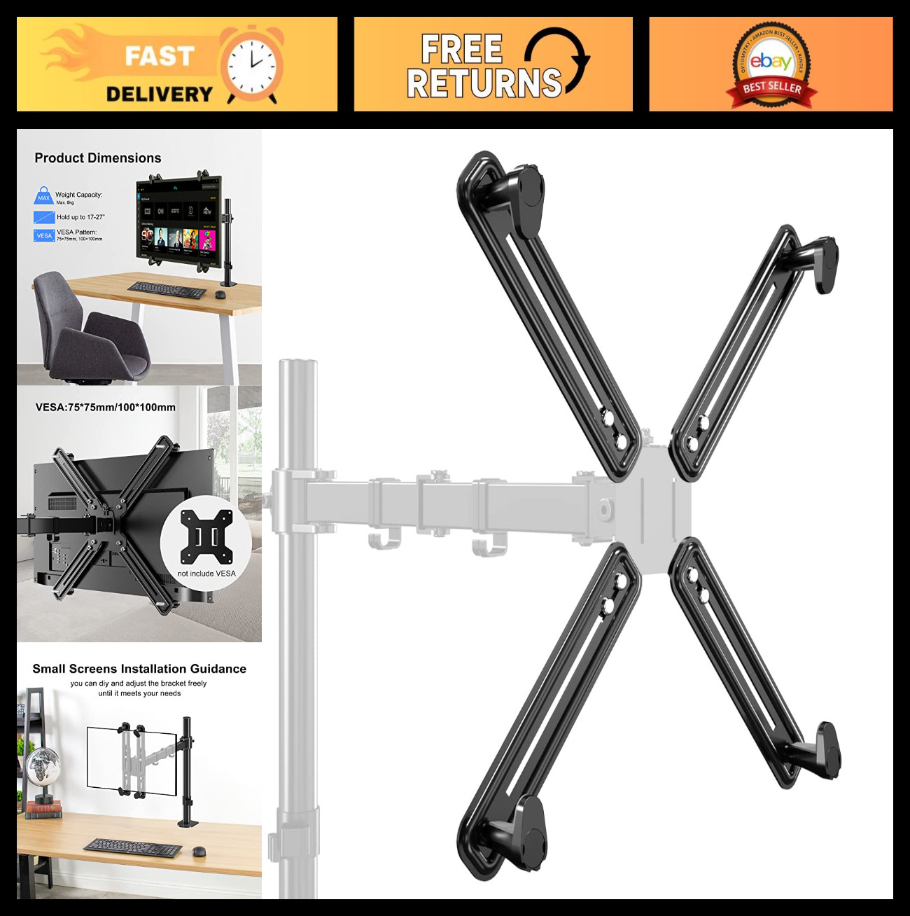 Universal VESA Mount Bracket Adapter for 17-27" Monitors - Adjustable Arm Kit