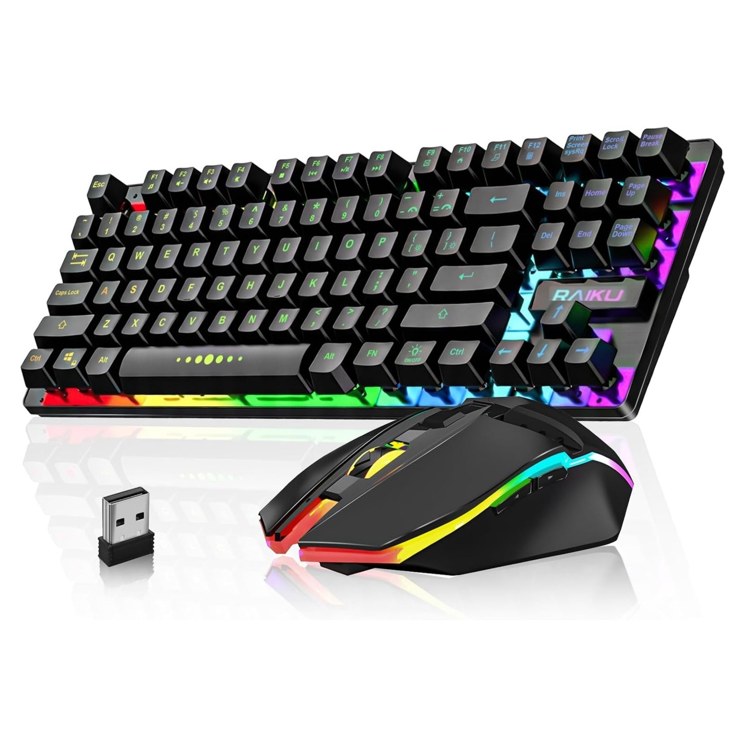 Rechargeable Wireless Gaming Keyboard & Mouse Combo 87 Keys Rainbow RGB Backlit