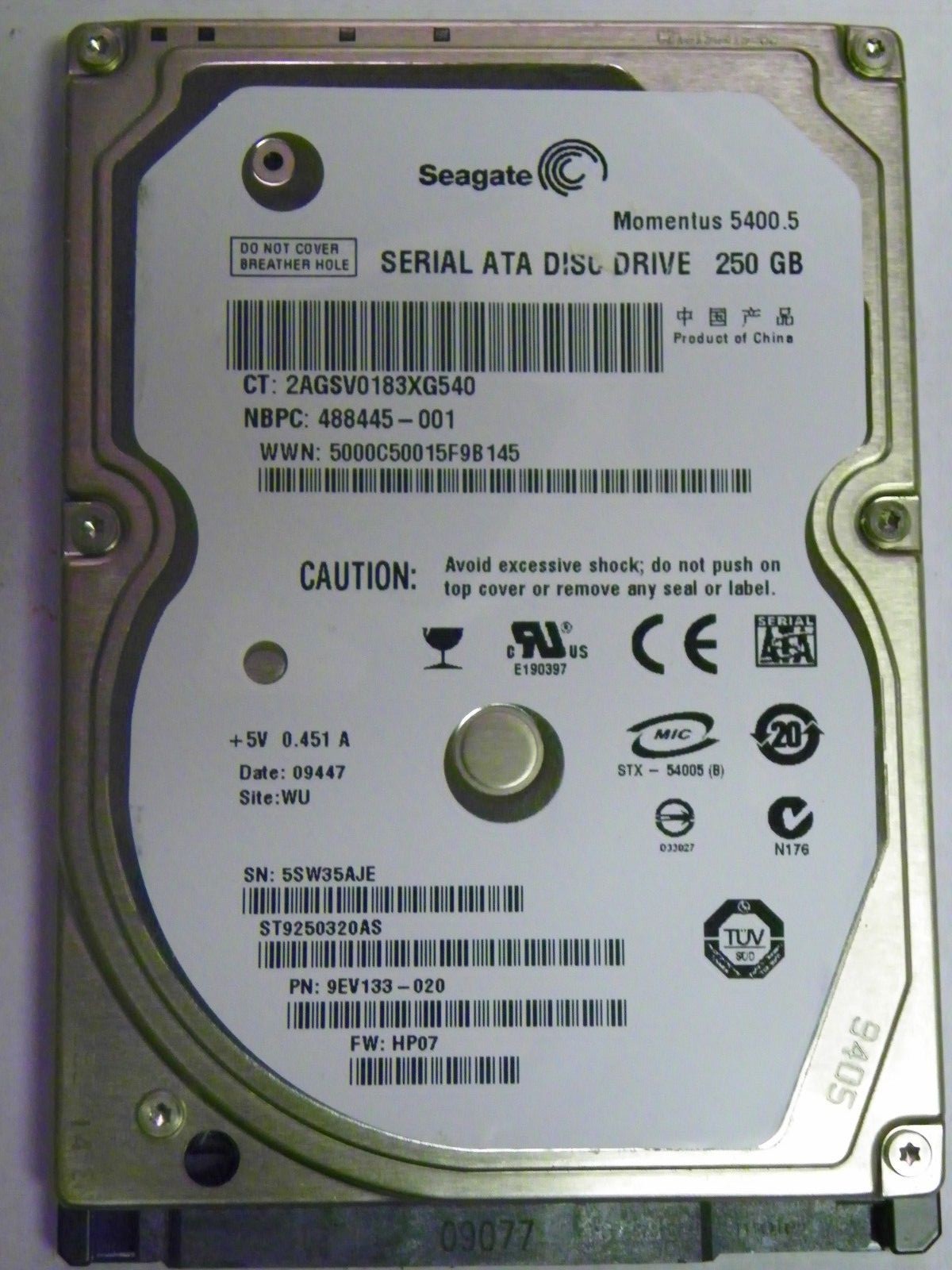 Seagate ST9250320AS P/N 9EV133-020 FW: HP07 laptop 250GB 2.5" SATA Hard Drive 