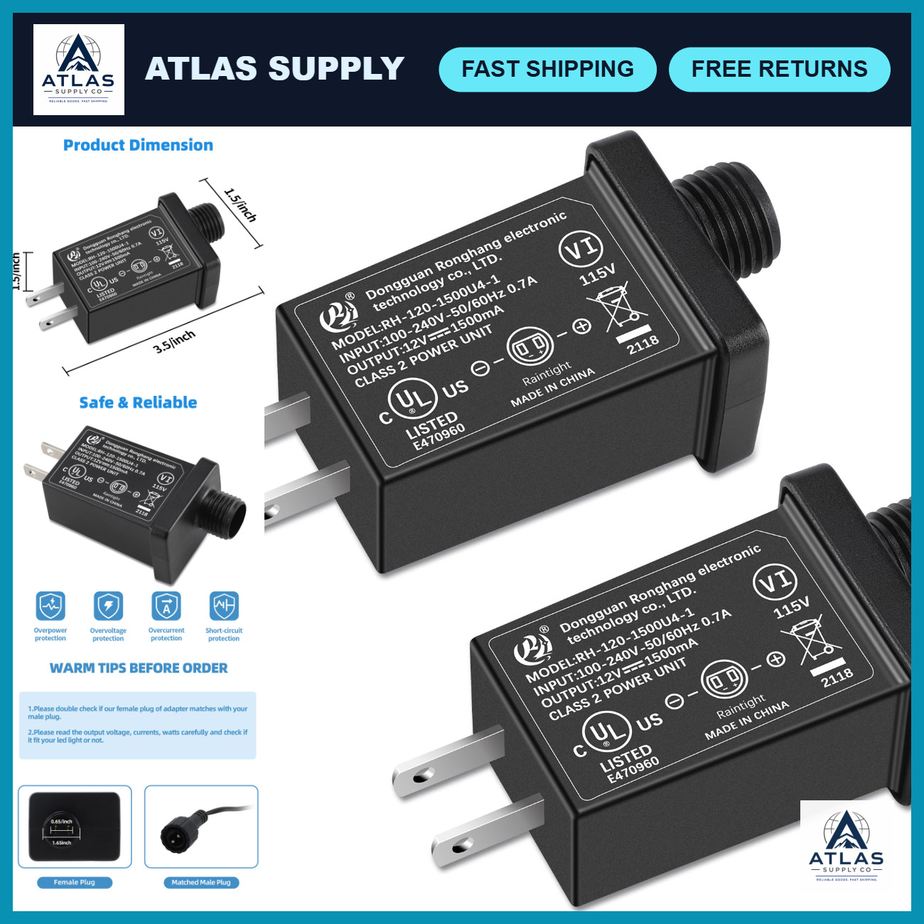 2Pack Inflatable Adapter 1.5A Transformer US Plug for Holiday Inflatables, 120V