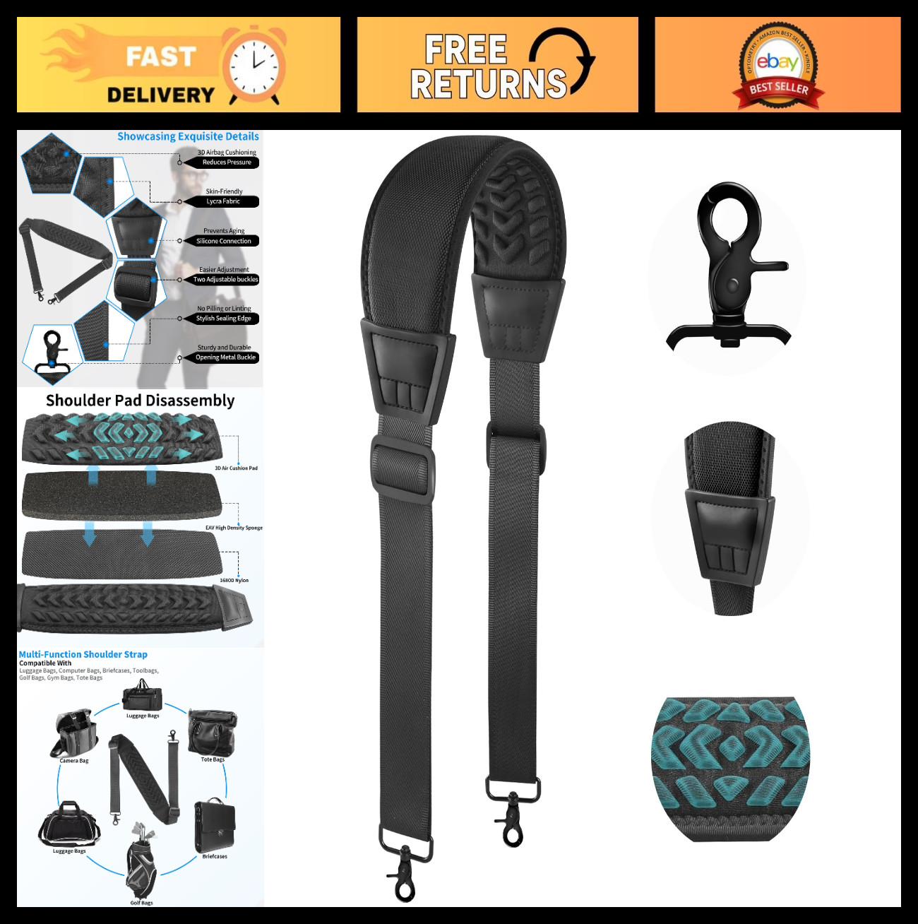 Ultra Comfortable 3D Air Cushion Duffel Bag Strap, 55" Adjustable Laptop Shoulde