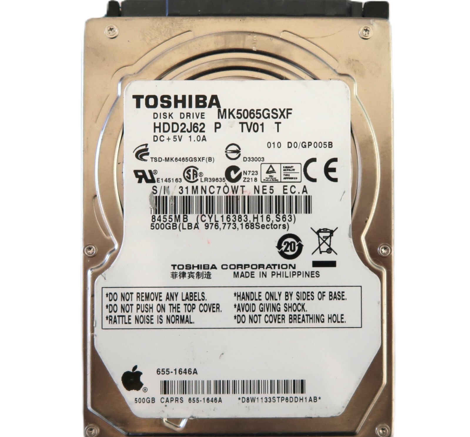 Toshiba MK5065GSXF (HDD2J62 P TV01 T) 010 D0/GP005B Philippines 2.5" 500gb Sata