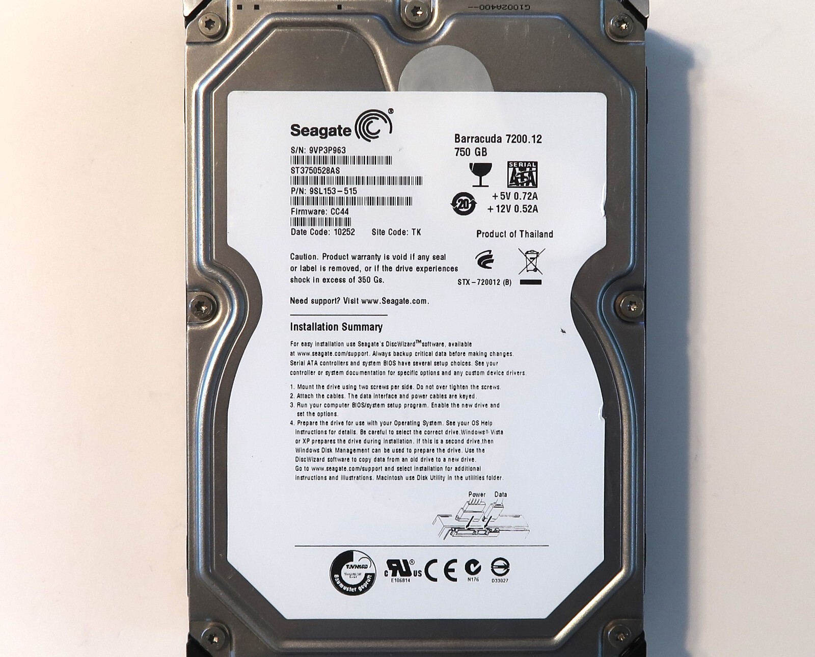 Seagate ST3750528AS 9SL153-515 CC44 TK Thailand (9VP) 3.5" Sata HDD DEC/2009
