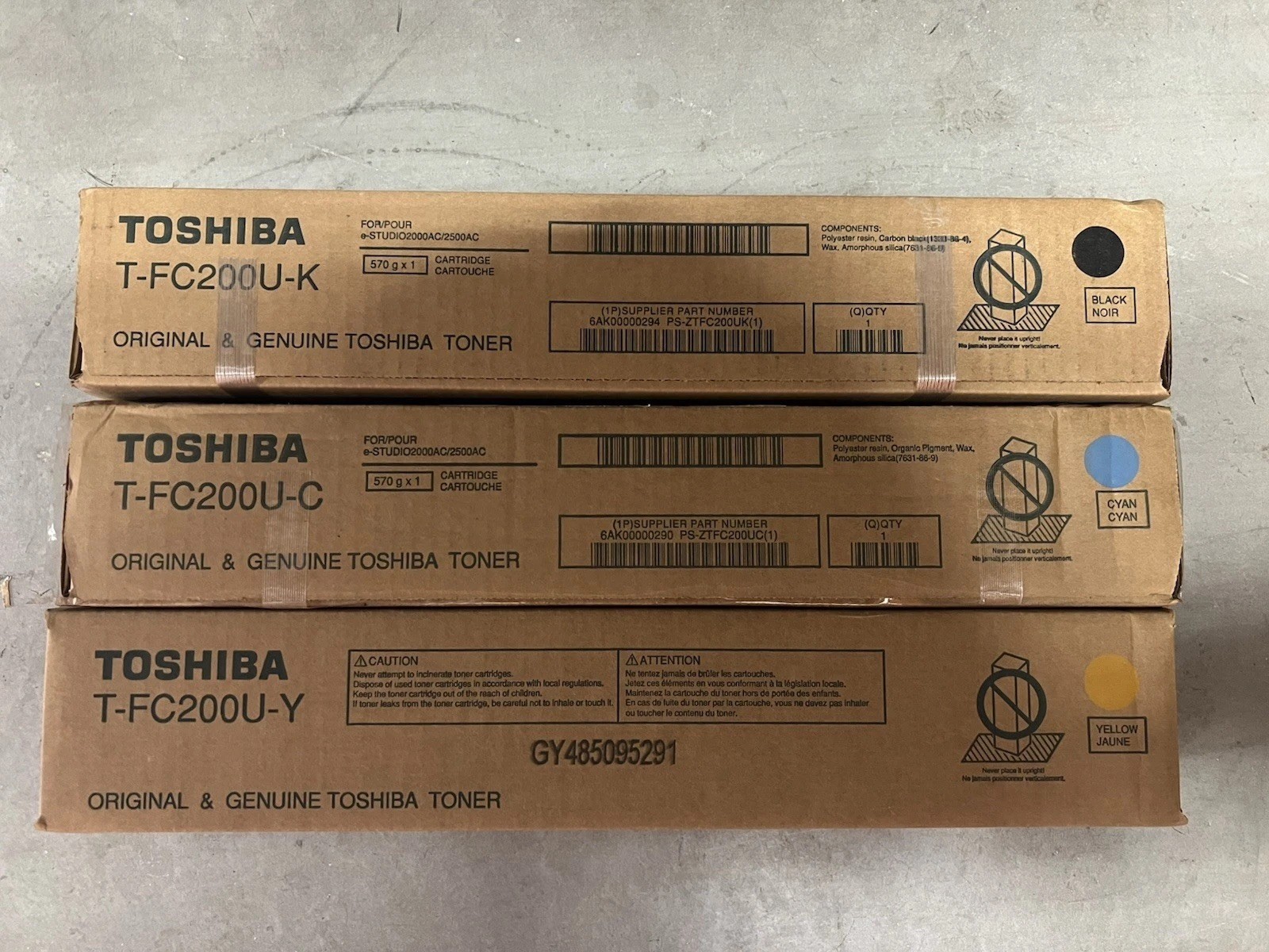 3 Genuine Toshiba TFC200UC Cyan Yellow And Black Toner Cartridges NIB