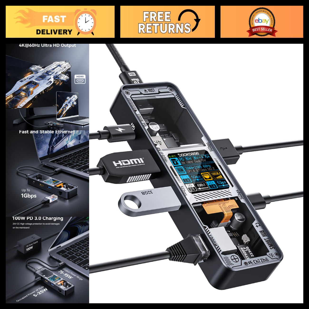 6-in-1 USB C Hub with HDMI 4K@60Hz, Gigabit Ethernet, 100W PD, for MacBook & Mor