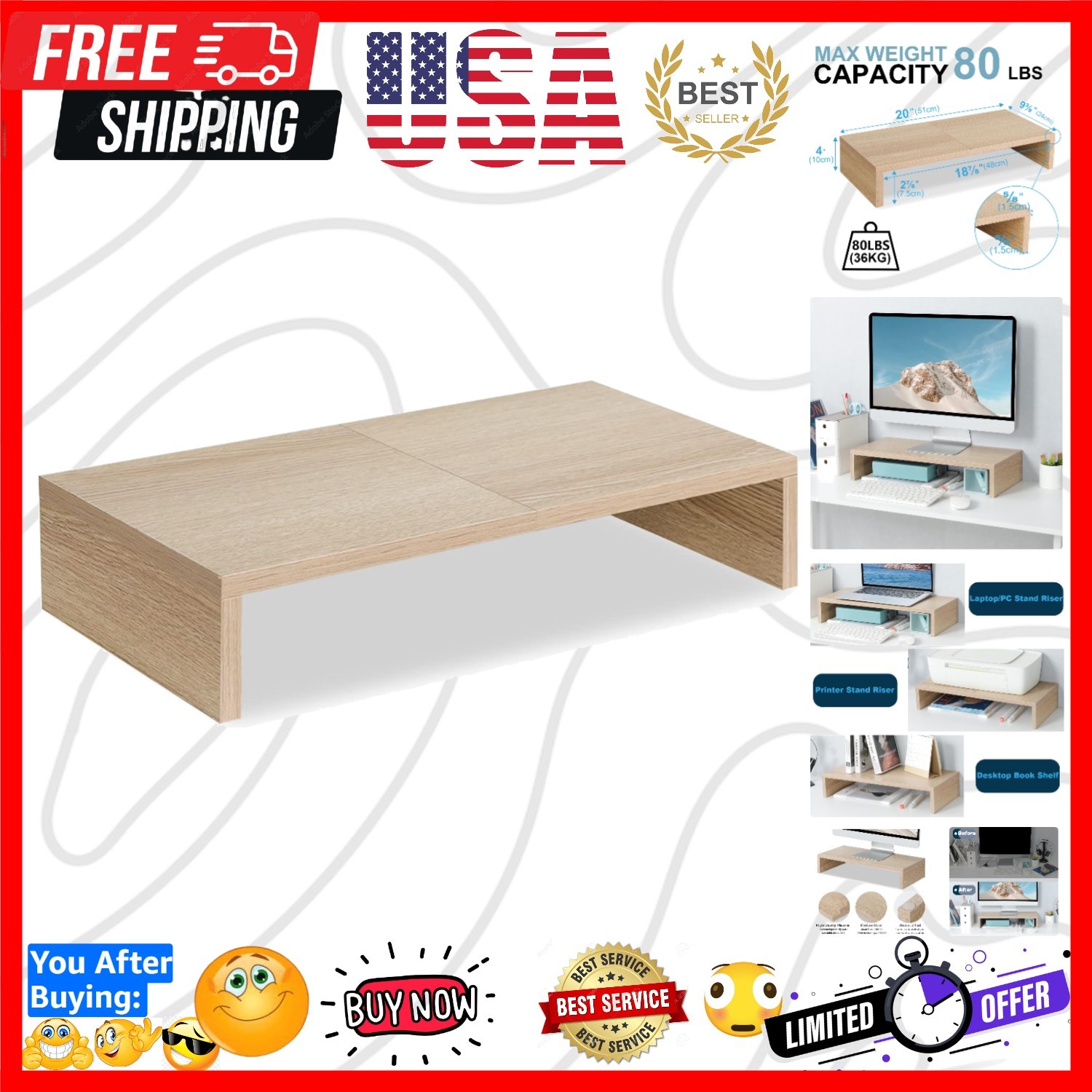 20 Inch Wood Monitor Stand Riser, Wooden Desktop Stand for PC/TV/Laptop/Print...
