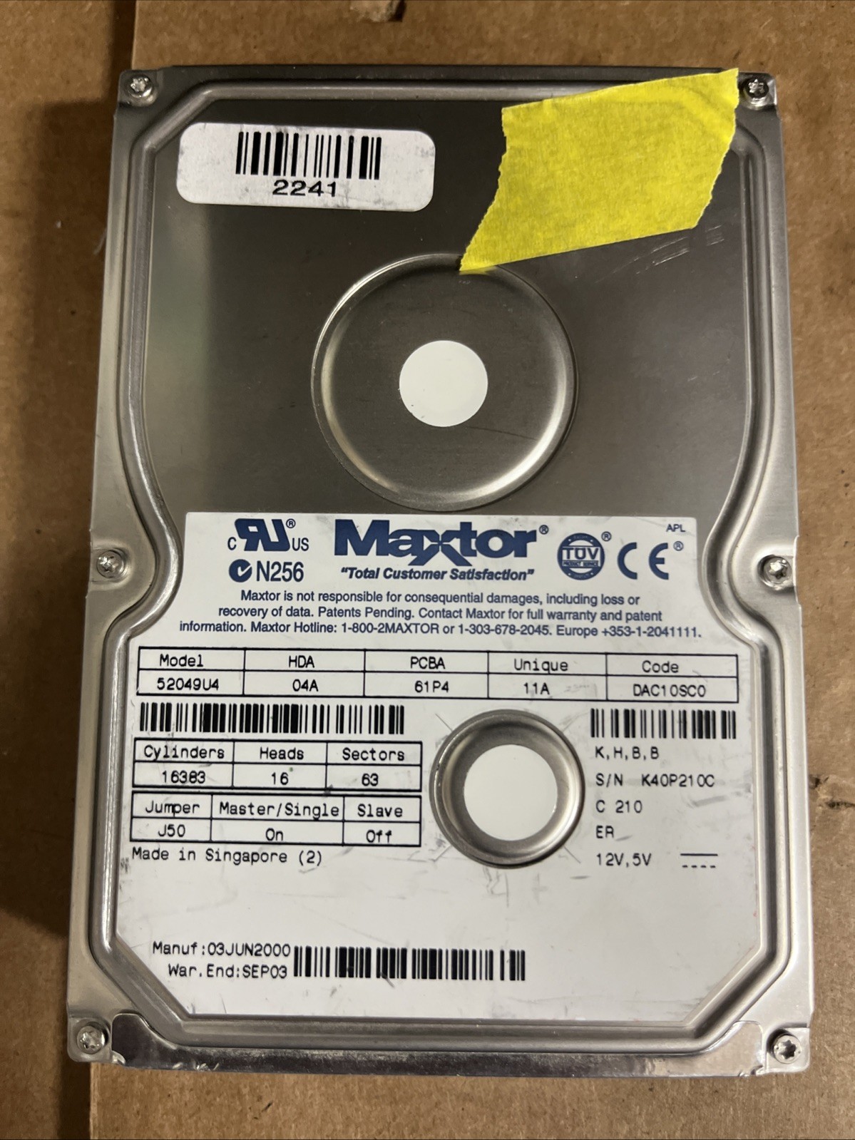 Maxtor 52049U4 20GB IDE 3.5" HDD 7200RPM 2MB Cache