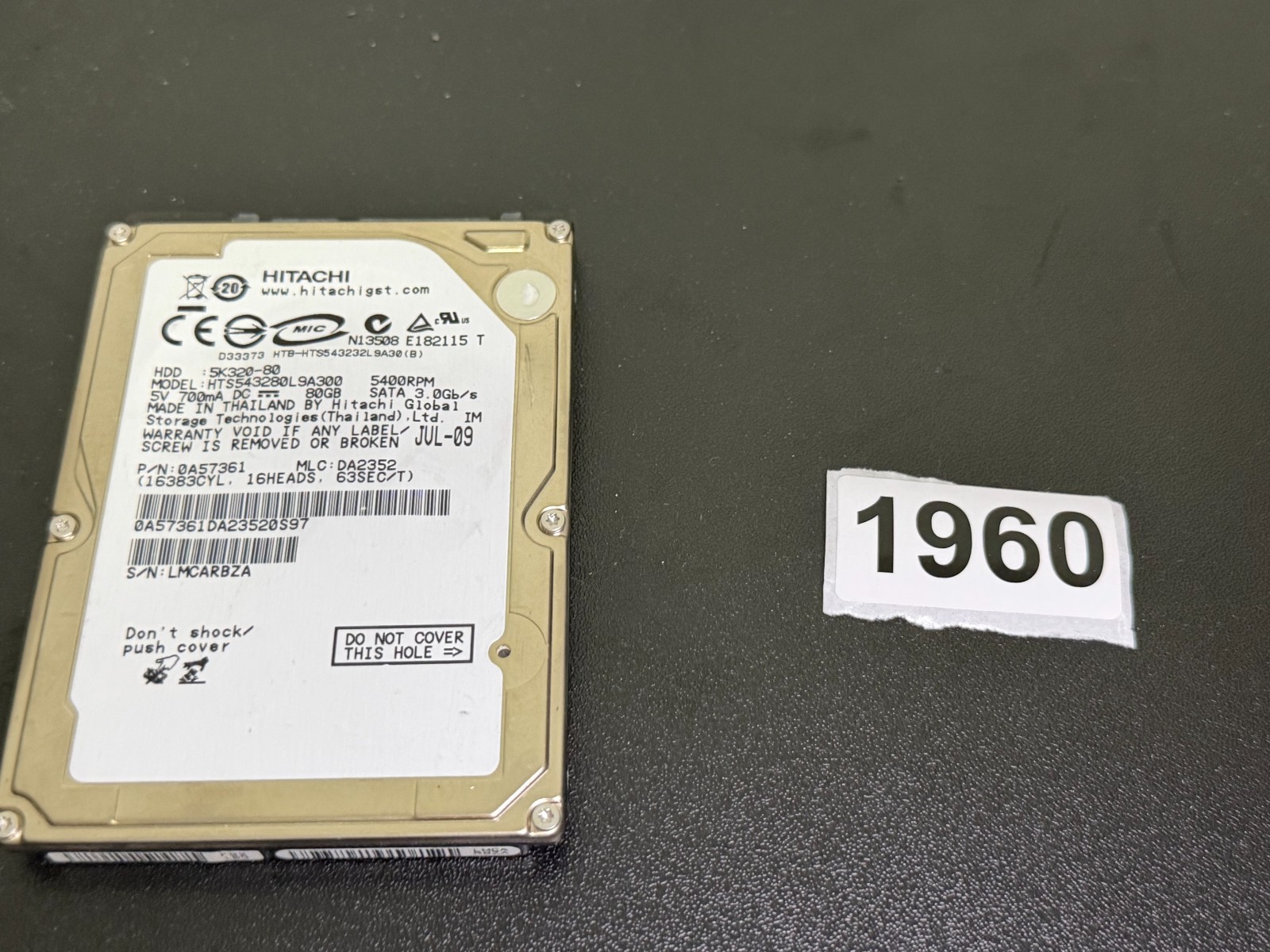 Hitachi 80 GB SATA HTS543280L9A300 2.5" Internal HDD --WORKS -- REF 1960